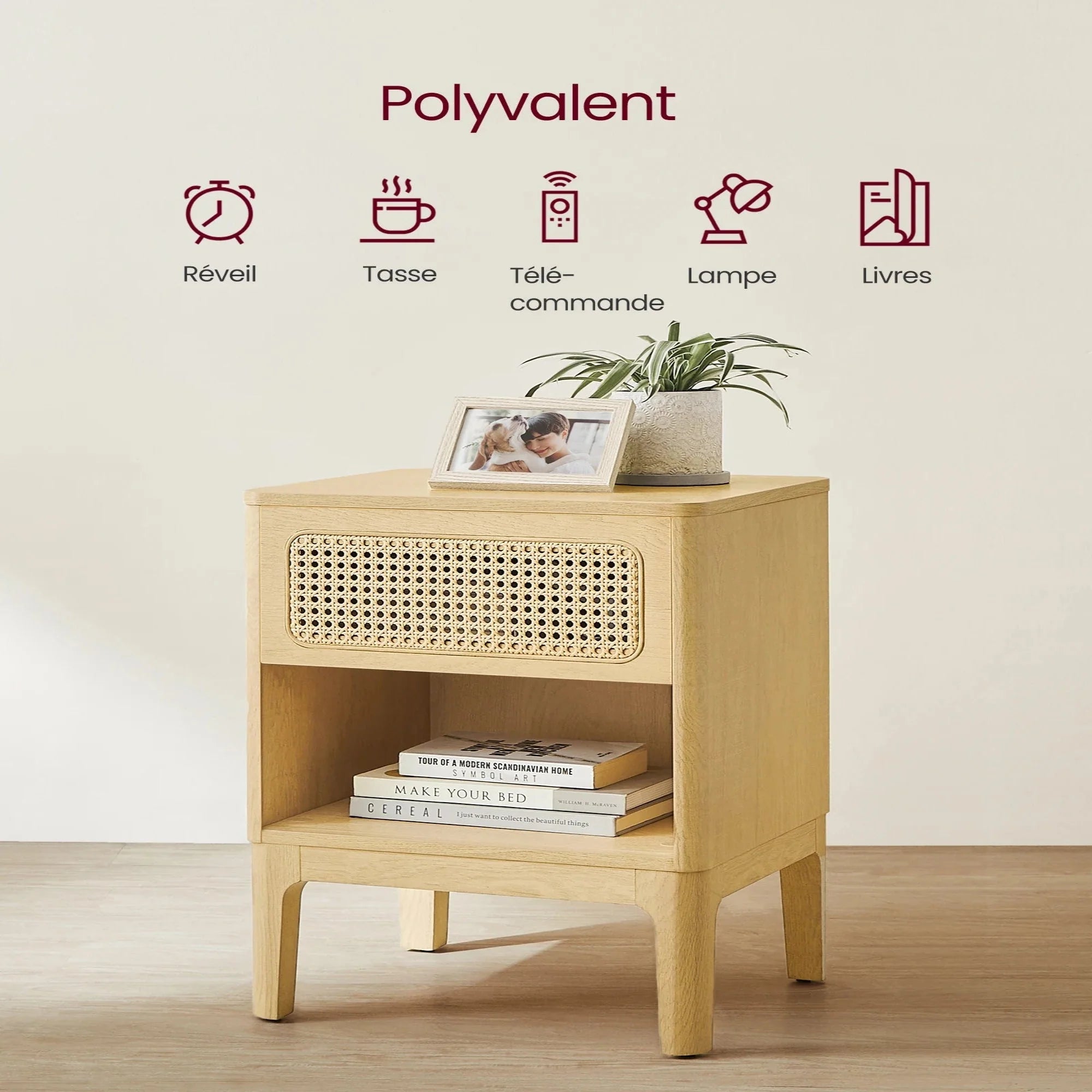 Table de chevet en bois et rotin naturel ElleVitals