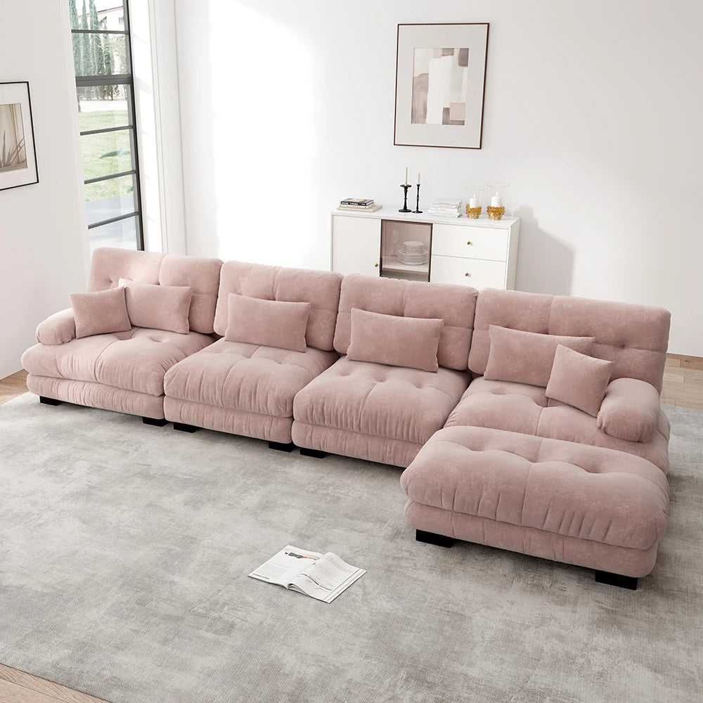 Canapé d’angle modulable 4 places en chenille avec pouf