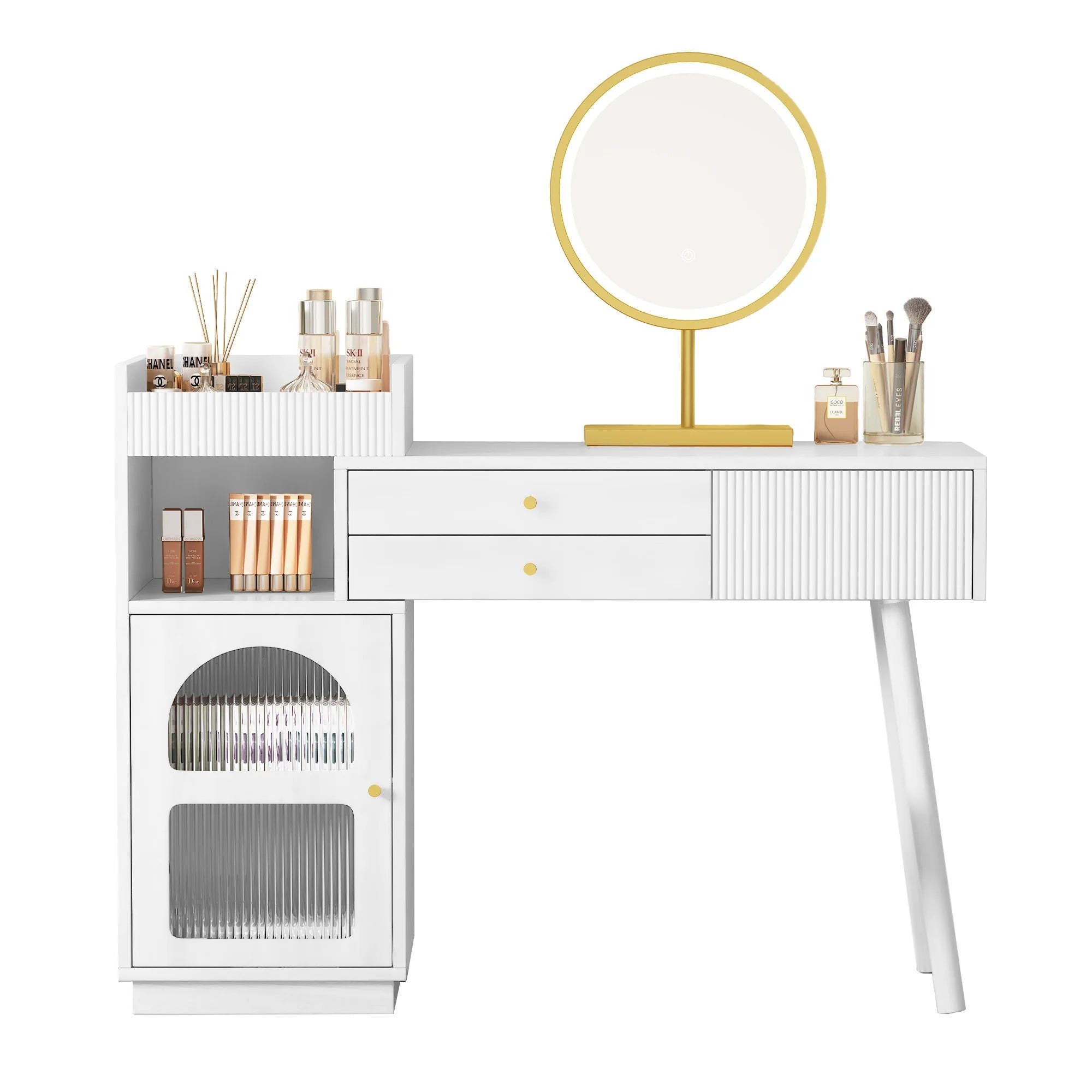 Coiffeuse blanche avec miroir LED doré