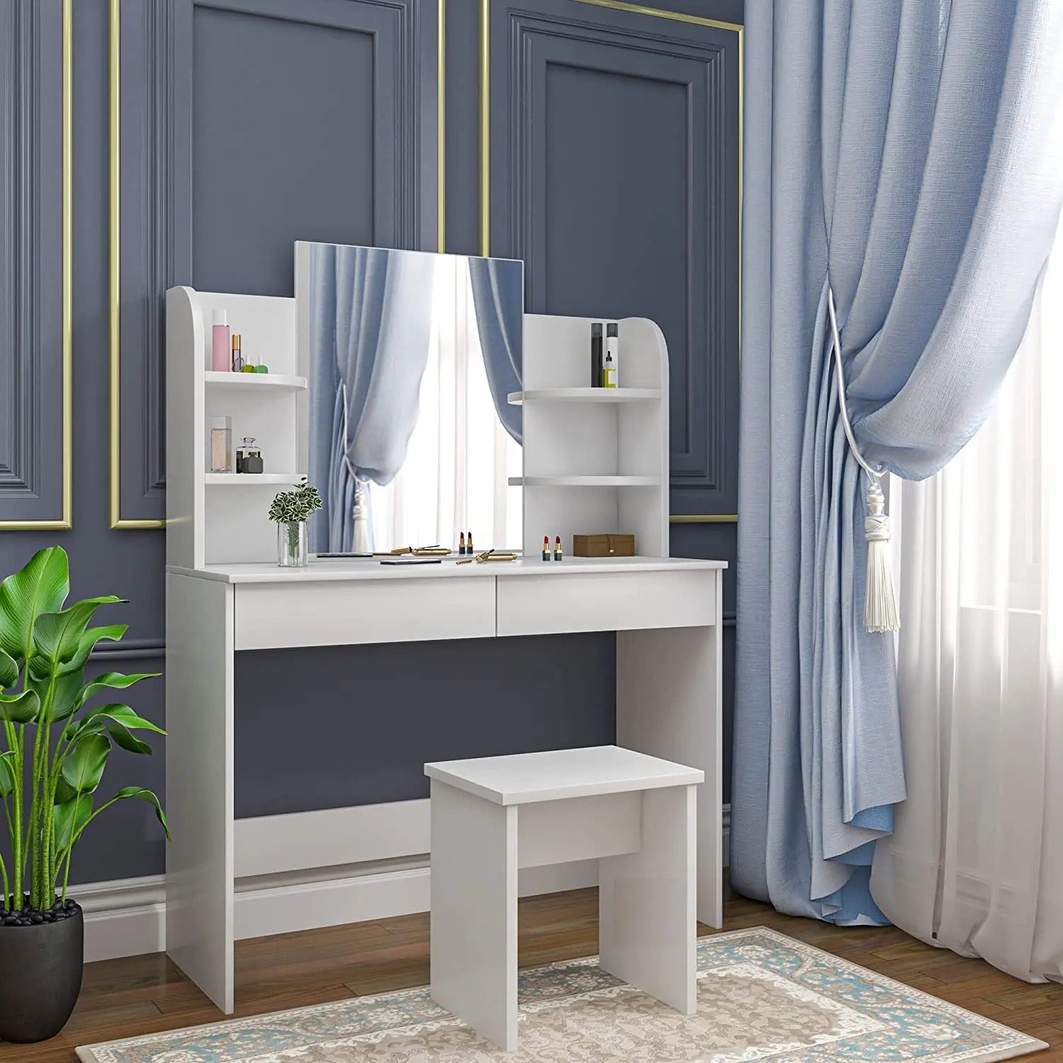Coiffeuse blanche miroir et étagères