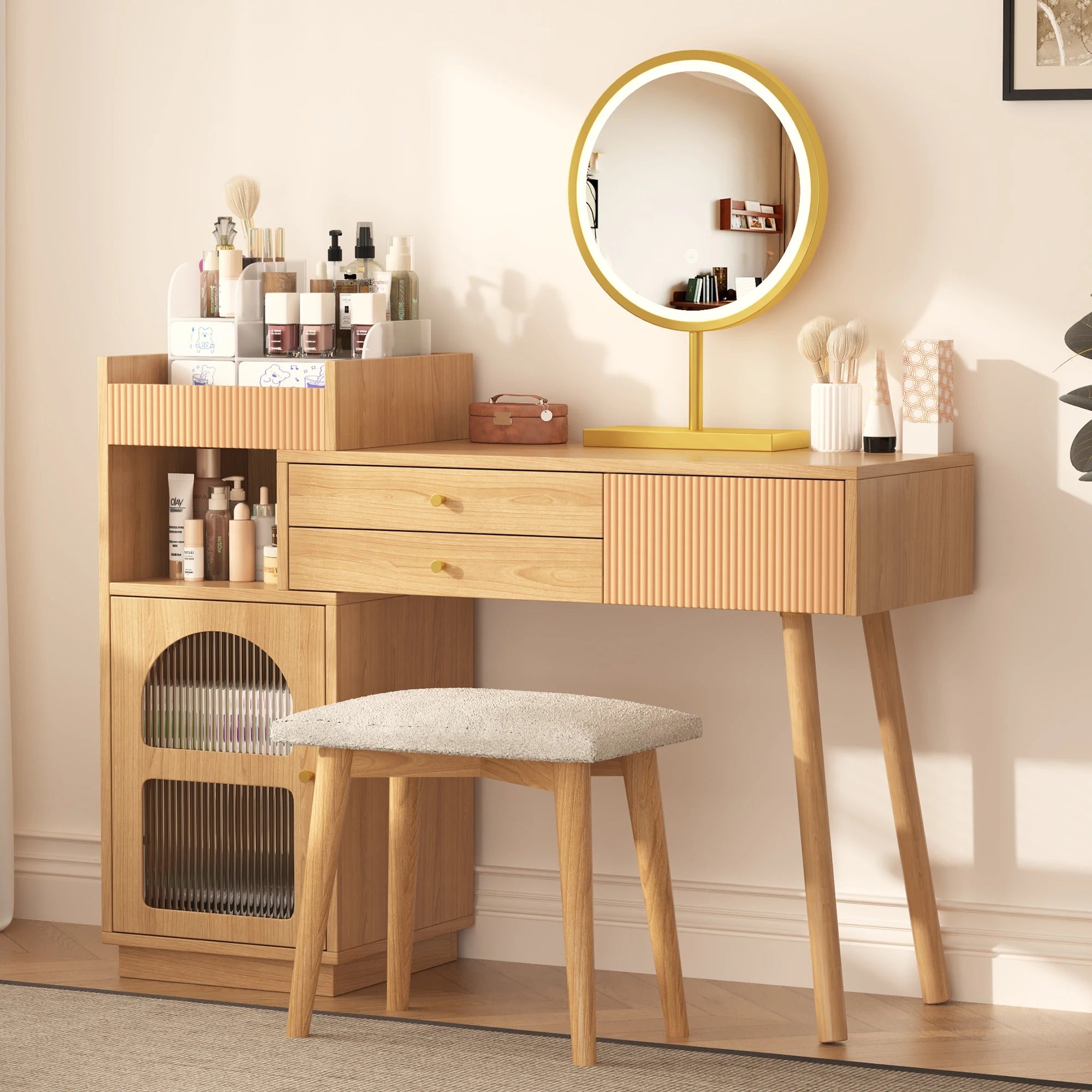 Coiffeuse bois clair avec miroir LED