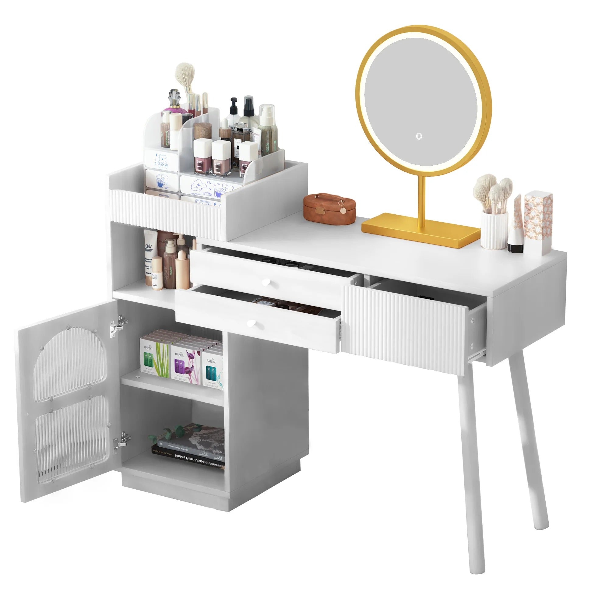 Coiffeuse blanche avec miroir LED doré
