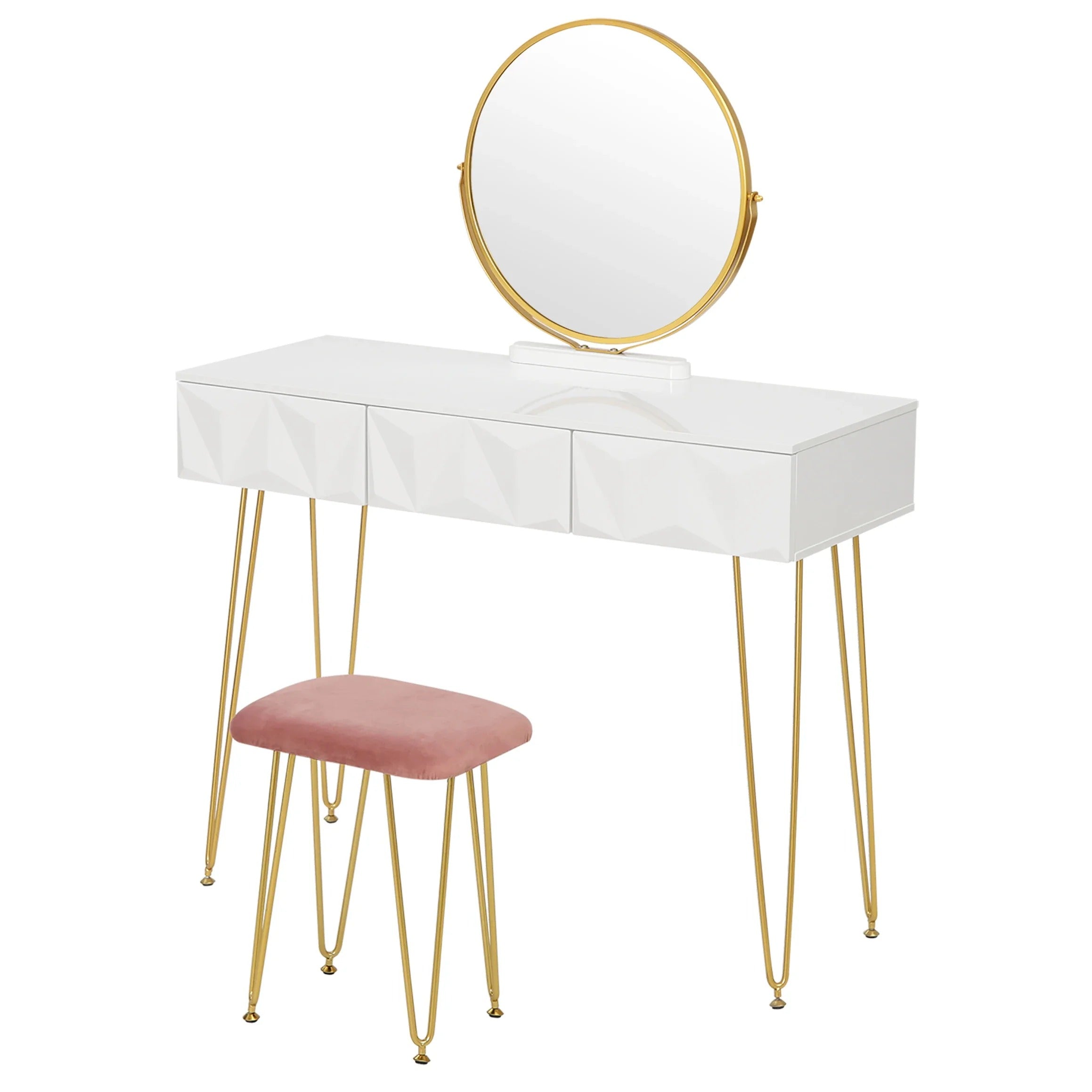 Coiffeuse miroir rond et tabouret