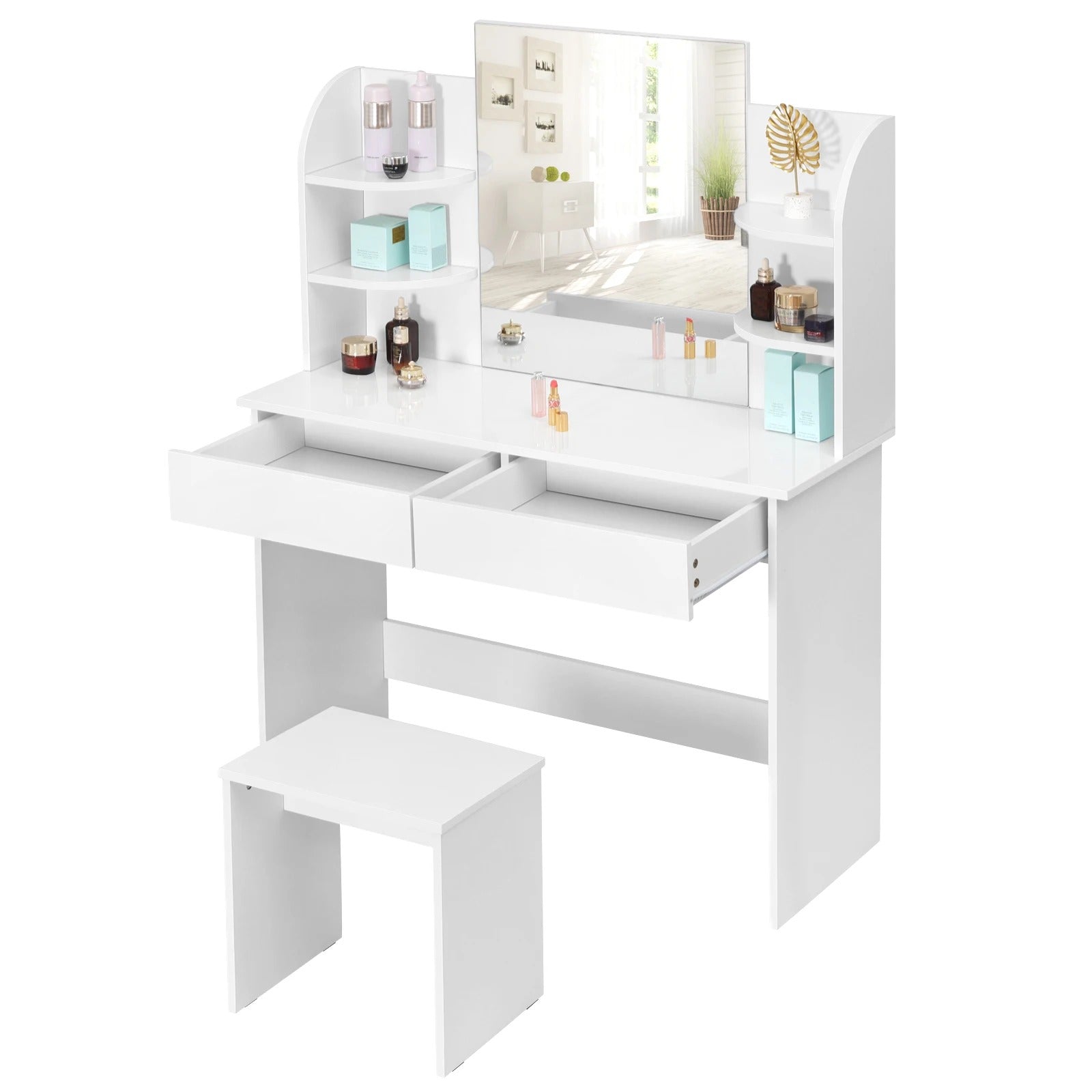Coiffeuse blanche miroir et étagères