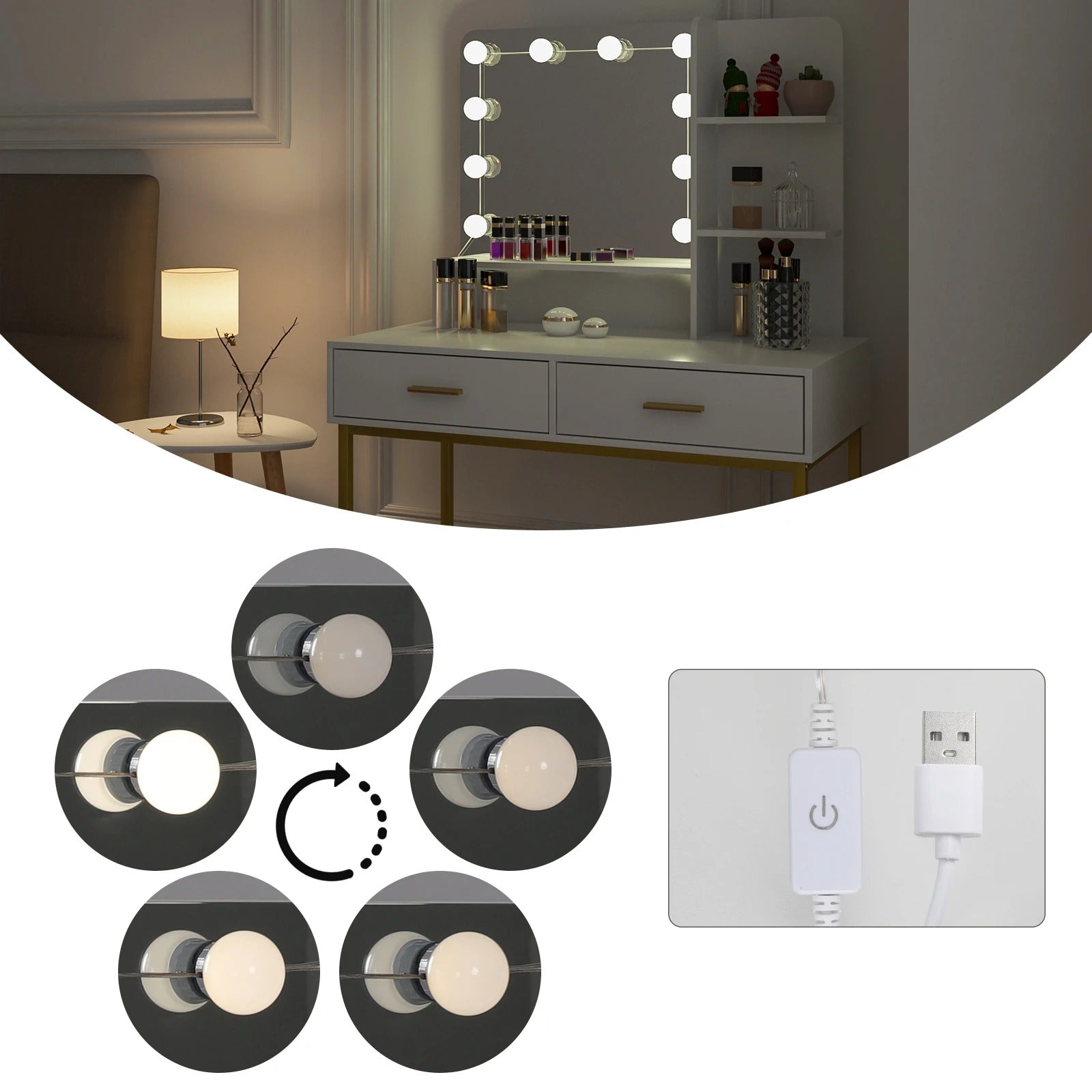 Coiffeuse blanche à LED avec étagères