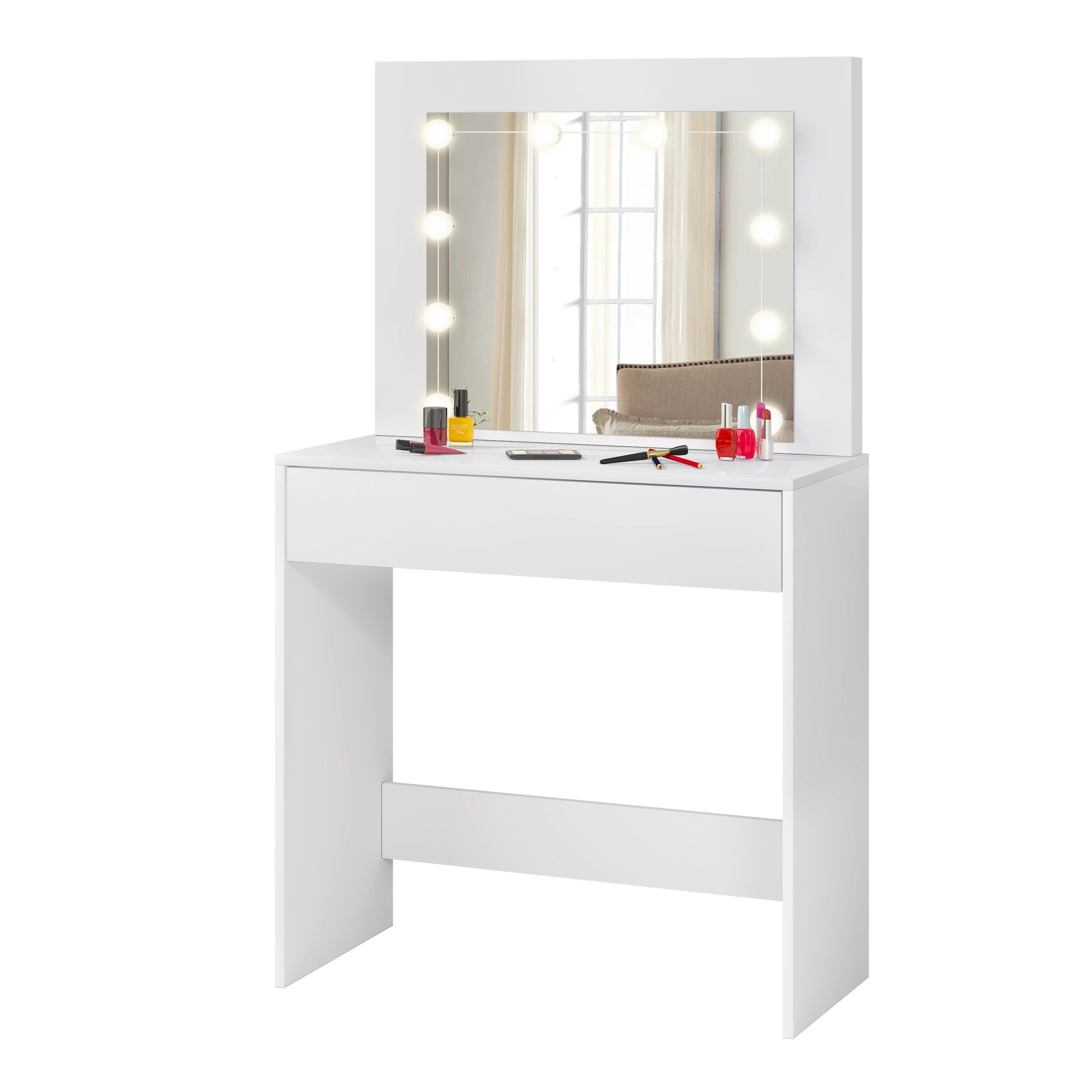 Coiffeuse blanche avec miroir LED intégré et tiroir
