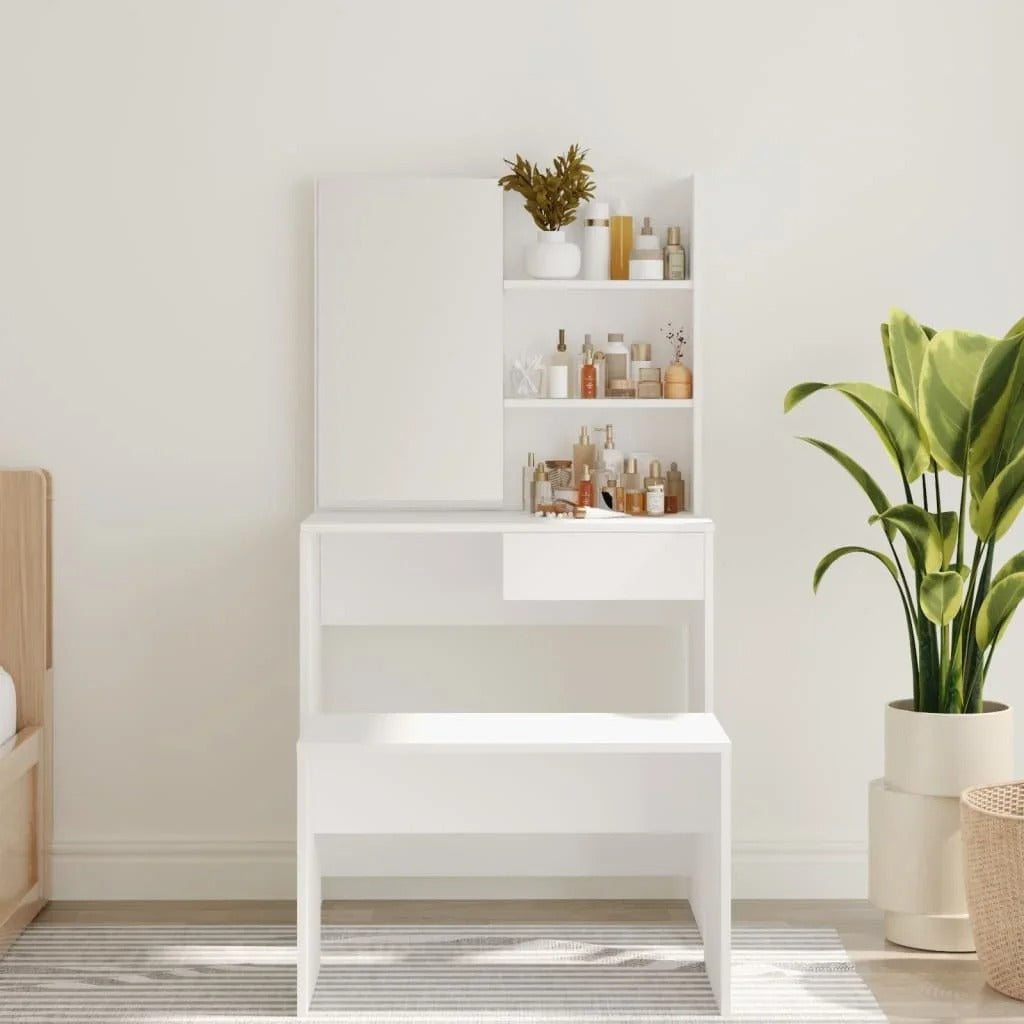 Coiffeuse blanche avec miroir et étagères