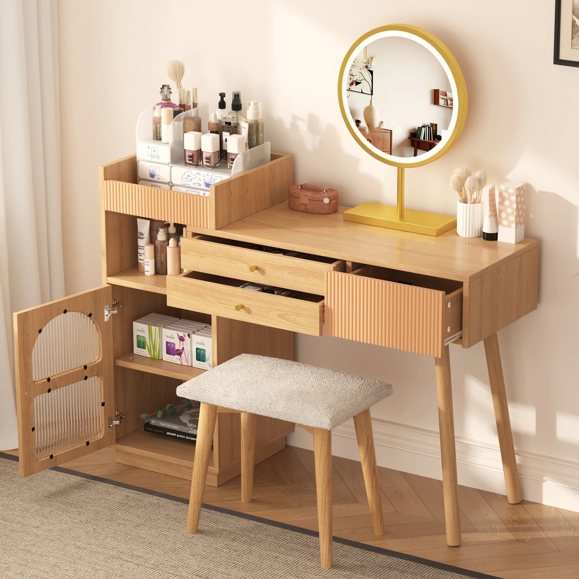 Coiffeuse bois clair avec miroir LED
