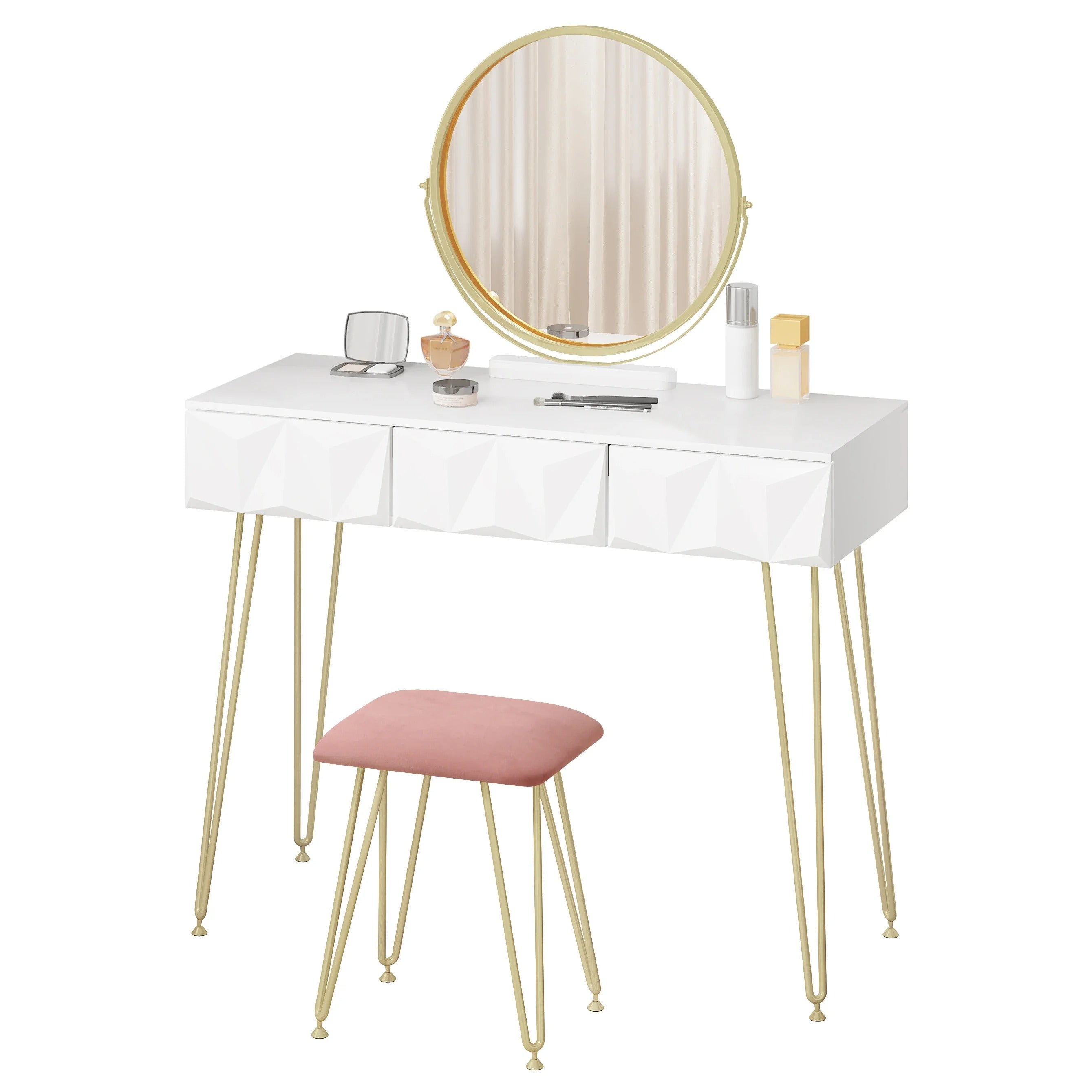 Coiffeuse miroir rond et tabouret