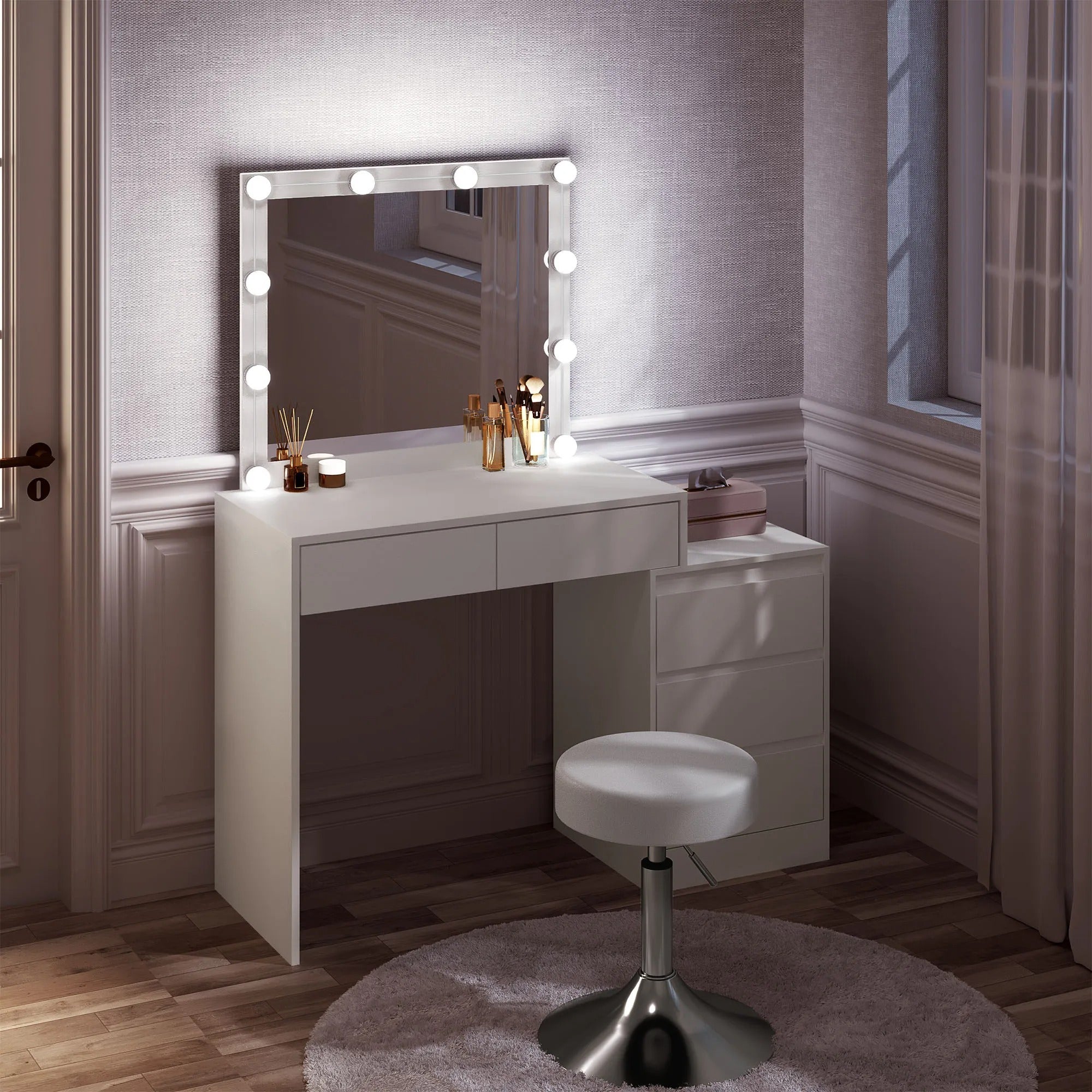 Coiffeuse blanche grand tiroir LED