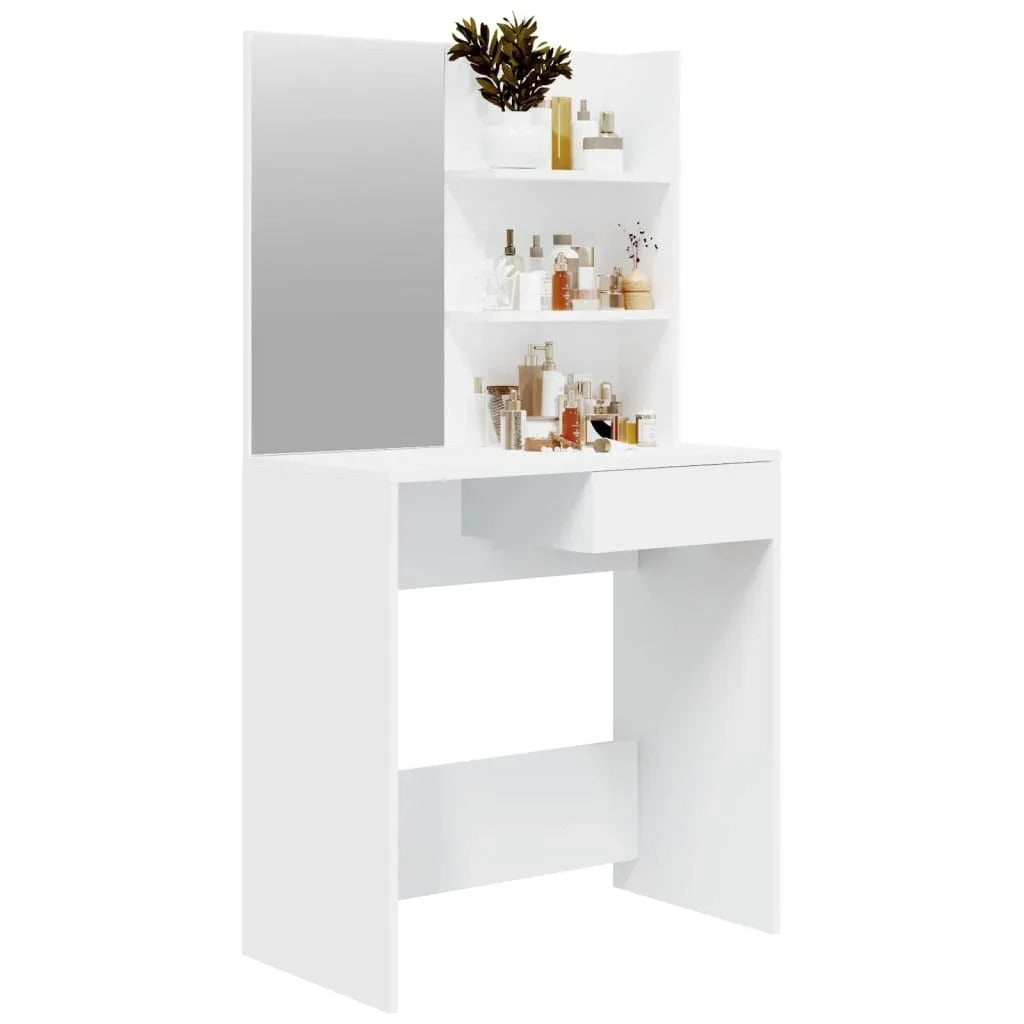Coiffeuse blanche avec miroir et étagères