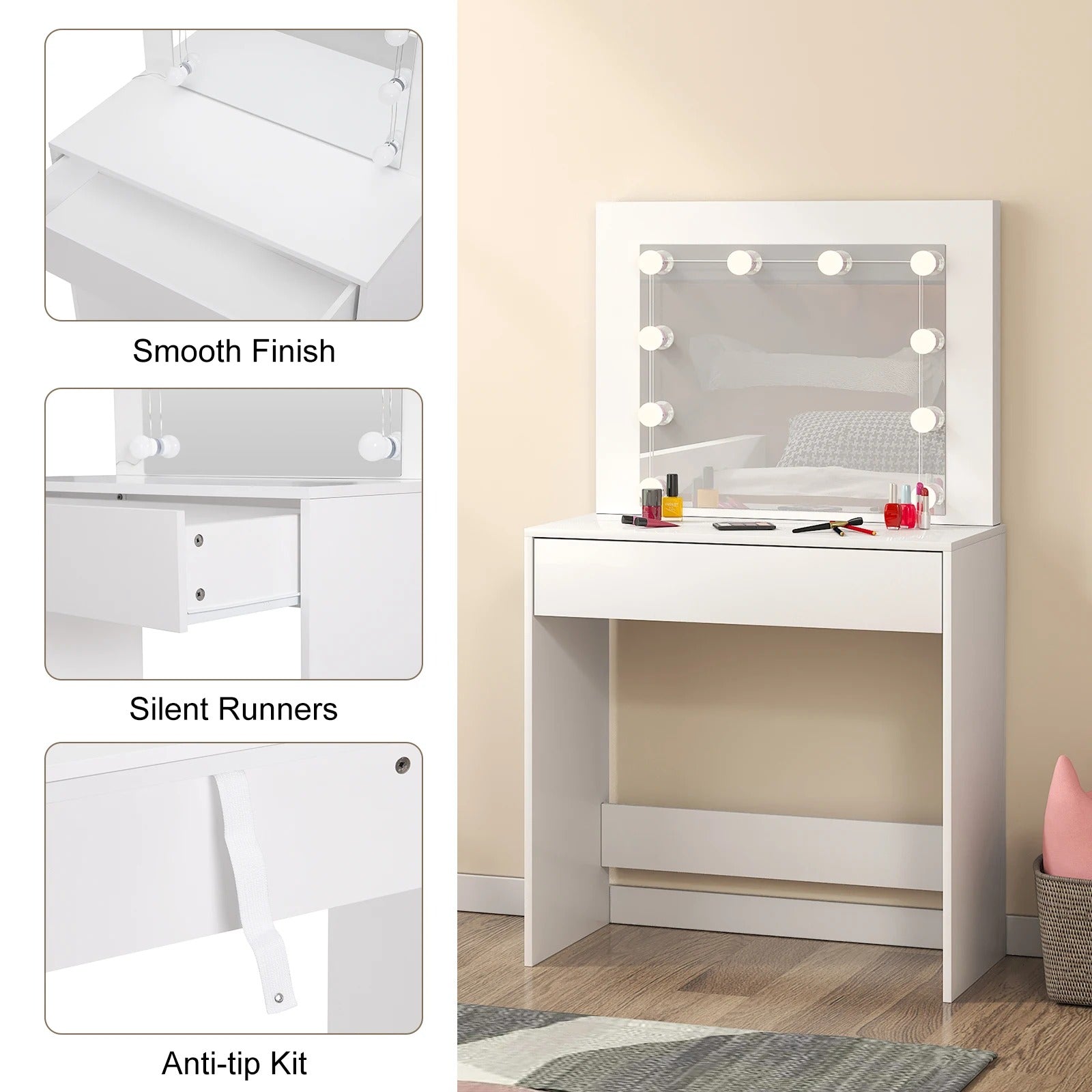 Coiffeuse blanche avec miroir LED intégré et tiroir