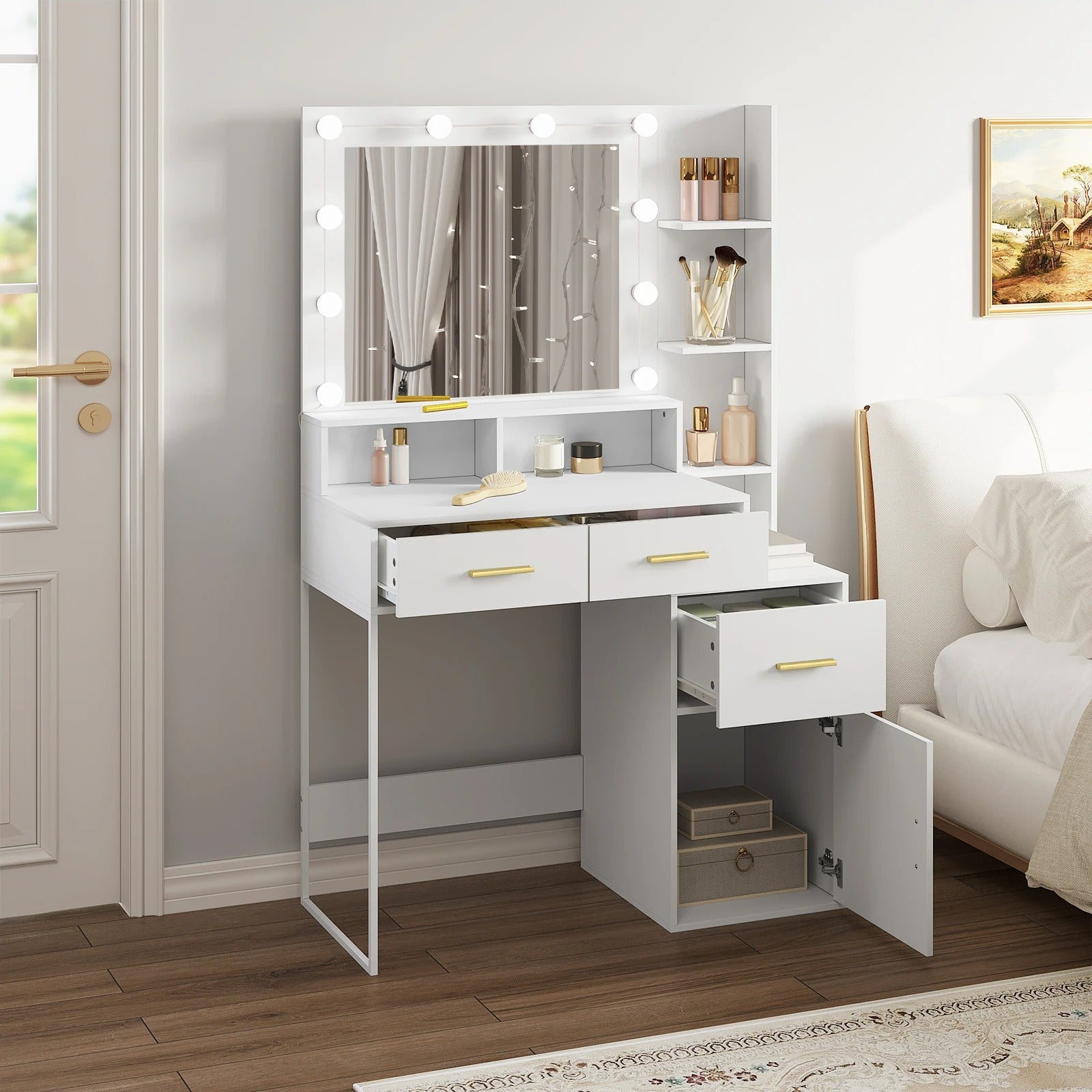 Coiffeuse miroir LED à rangements