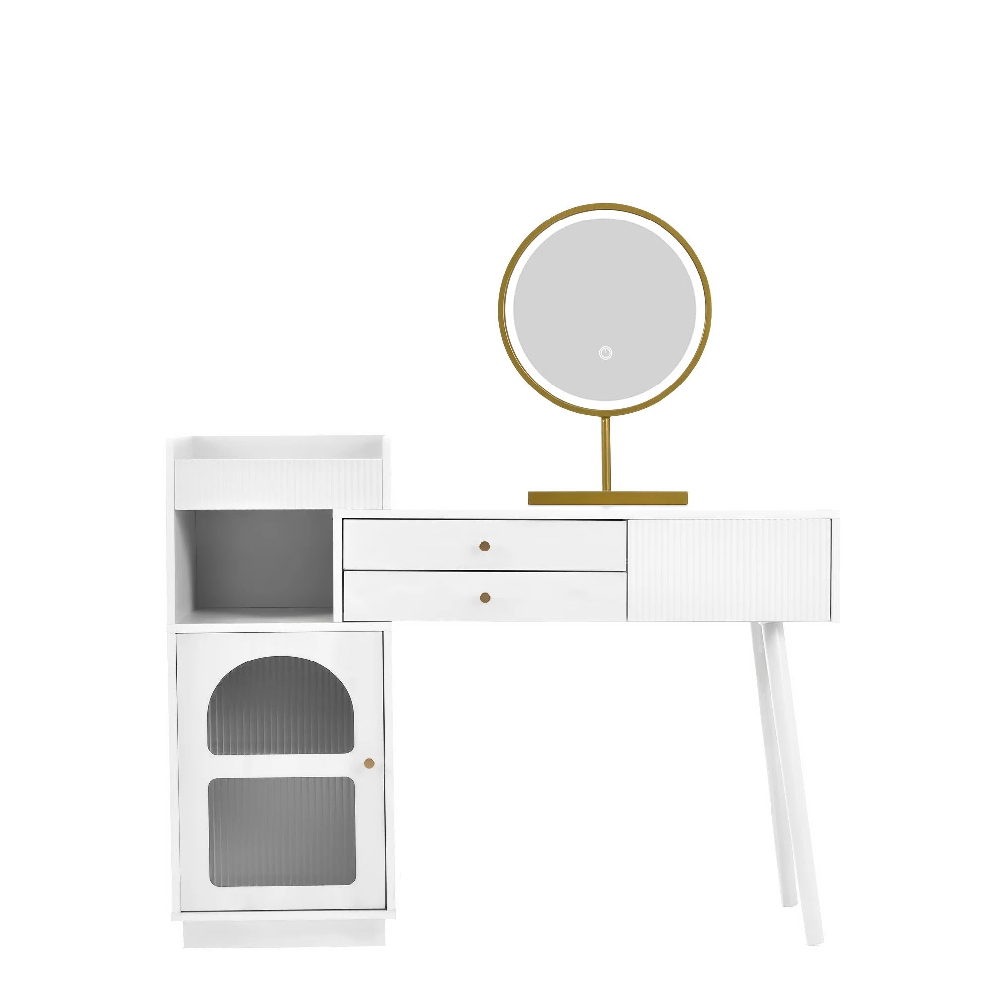 Coiffeuse blanche avec miroir LED doré