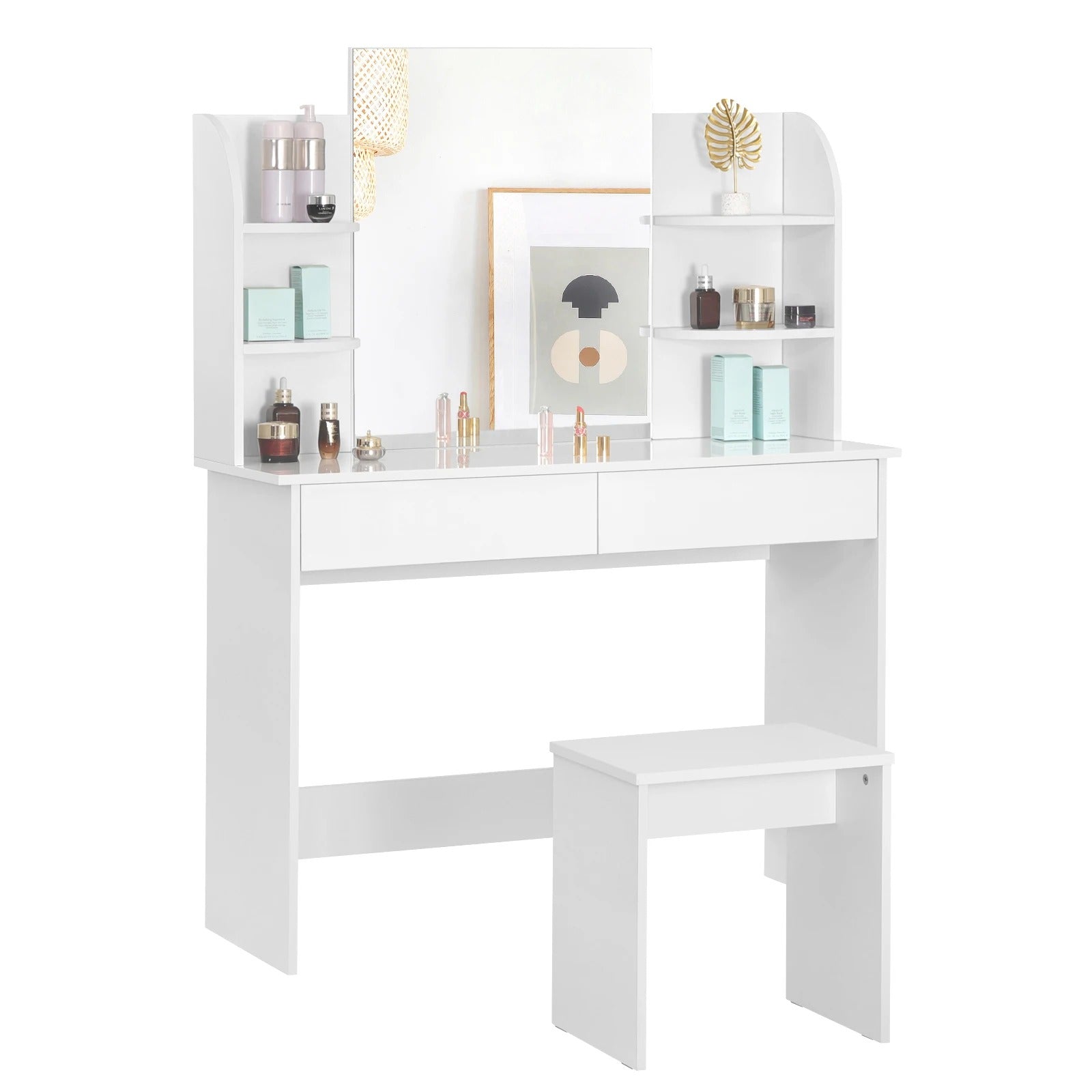 Coiffeuse blanche miroir et étagères
