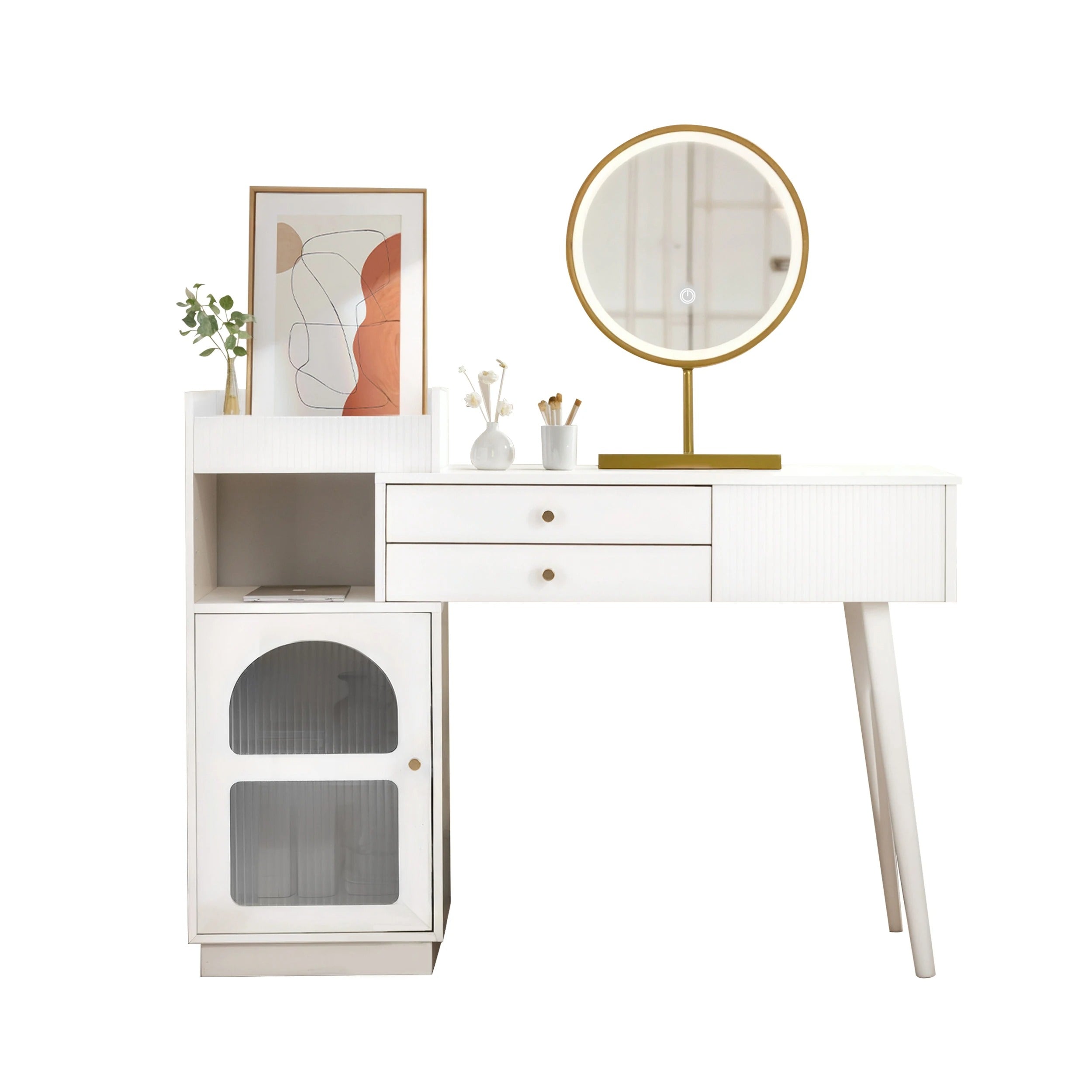 Coiffeuse blanche avec miroir LED doré