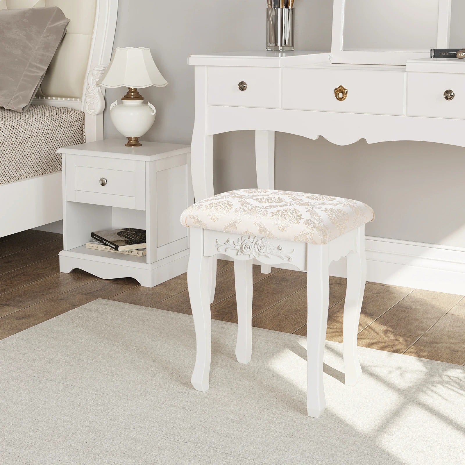 Tabouret blanc baroque pour coiffeuse
