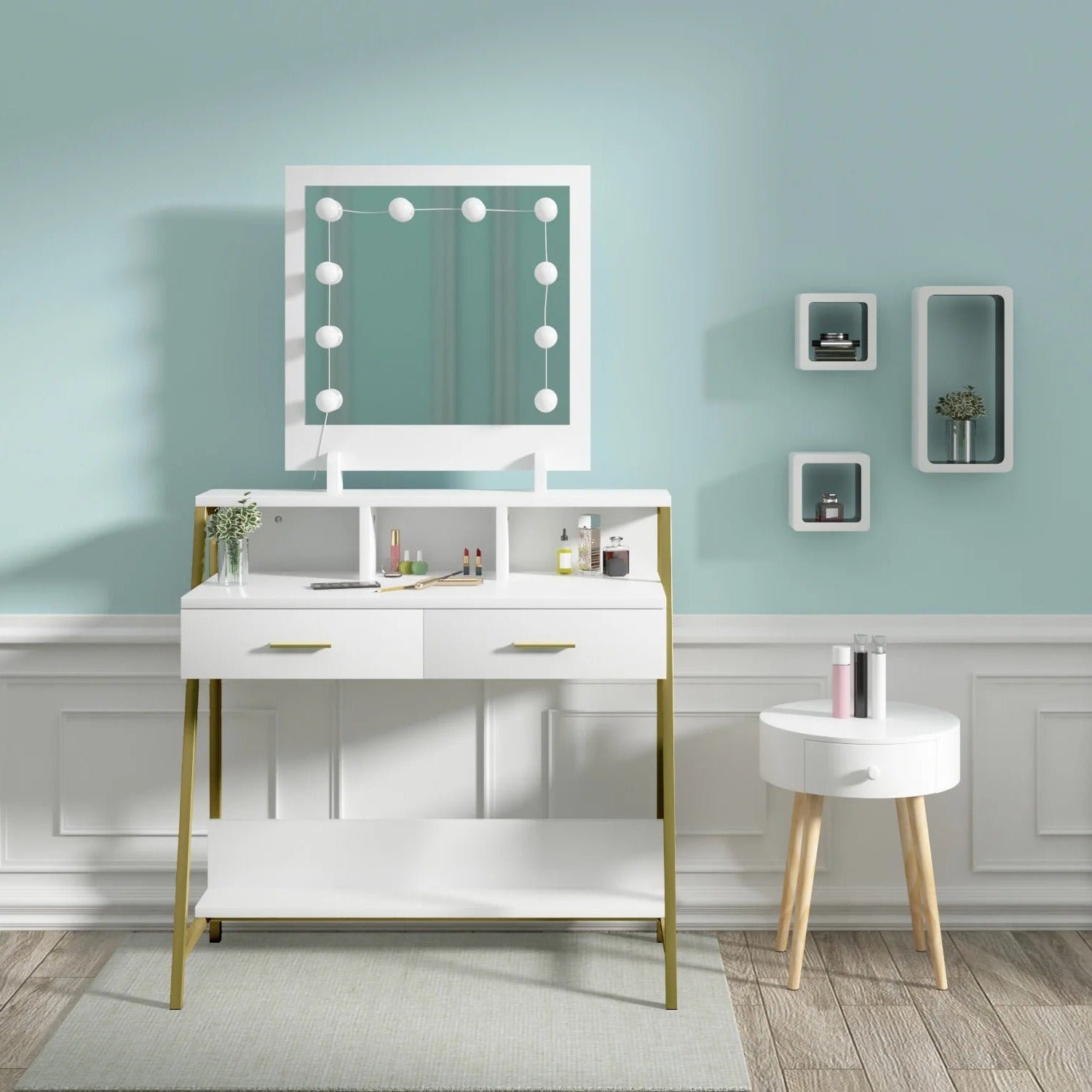 Coiffeuse blanche LED avec structure dorée