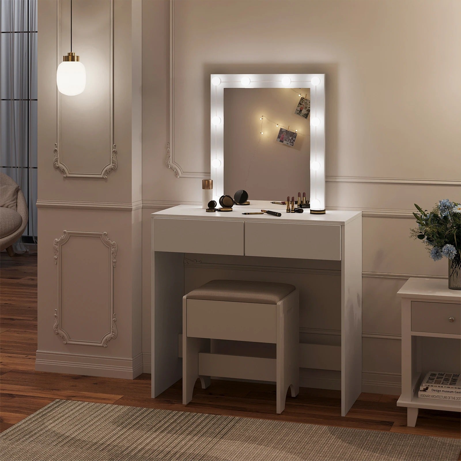 Coiffeuse blanche avec miroir LED