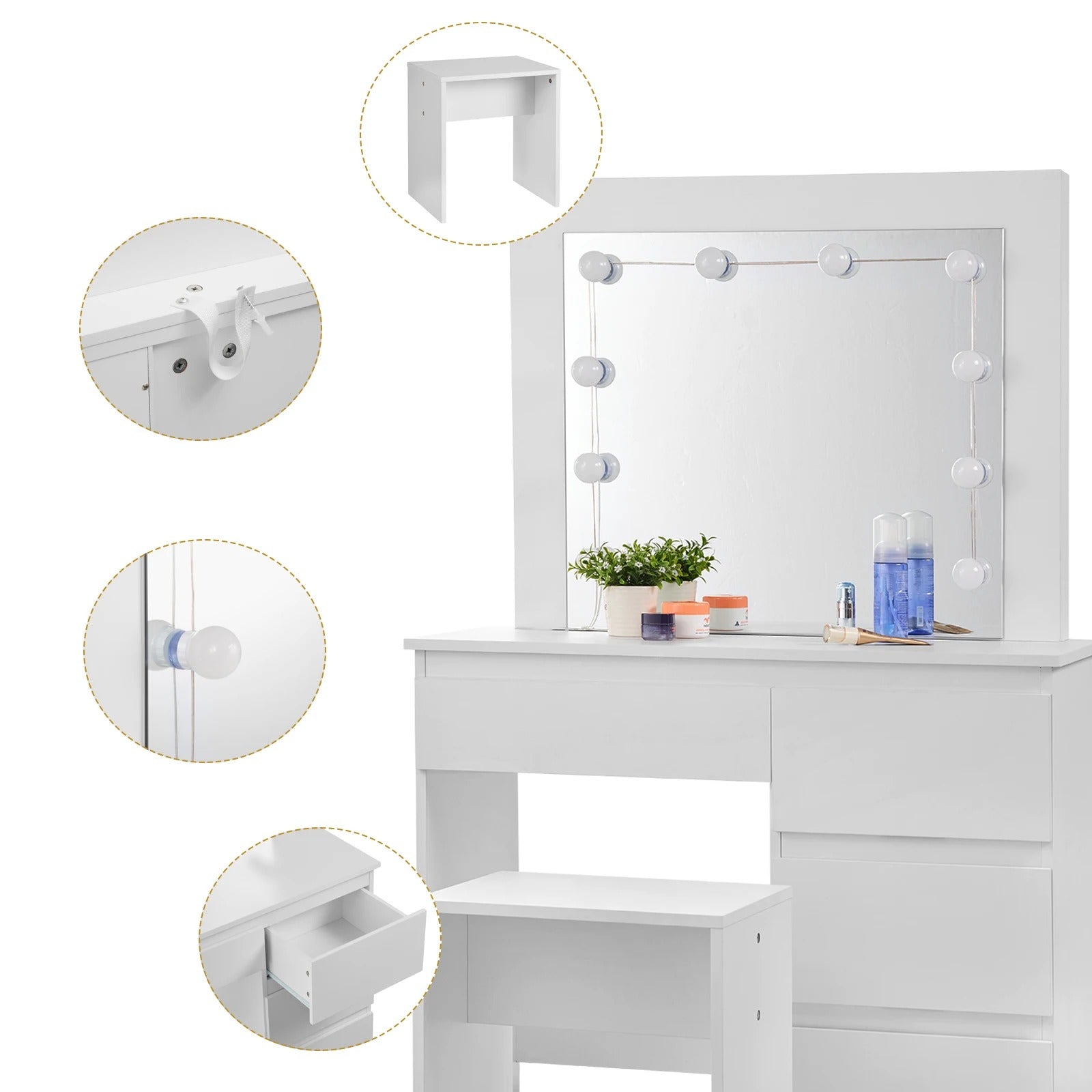 Coiffeuse blanche à LED avec 4 tiroirs