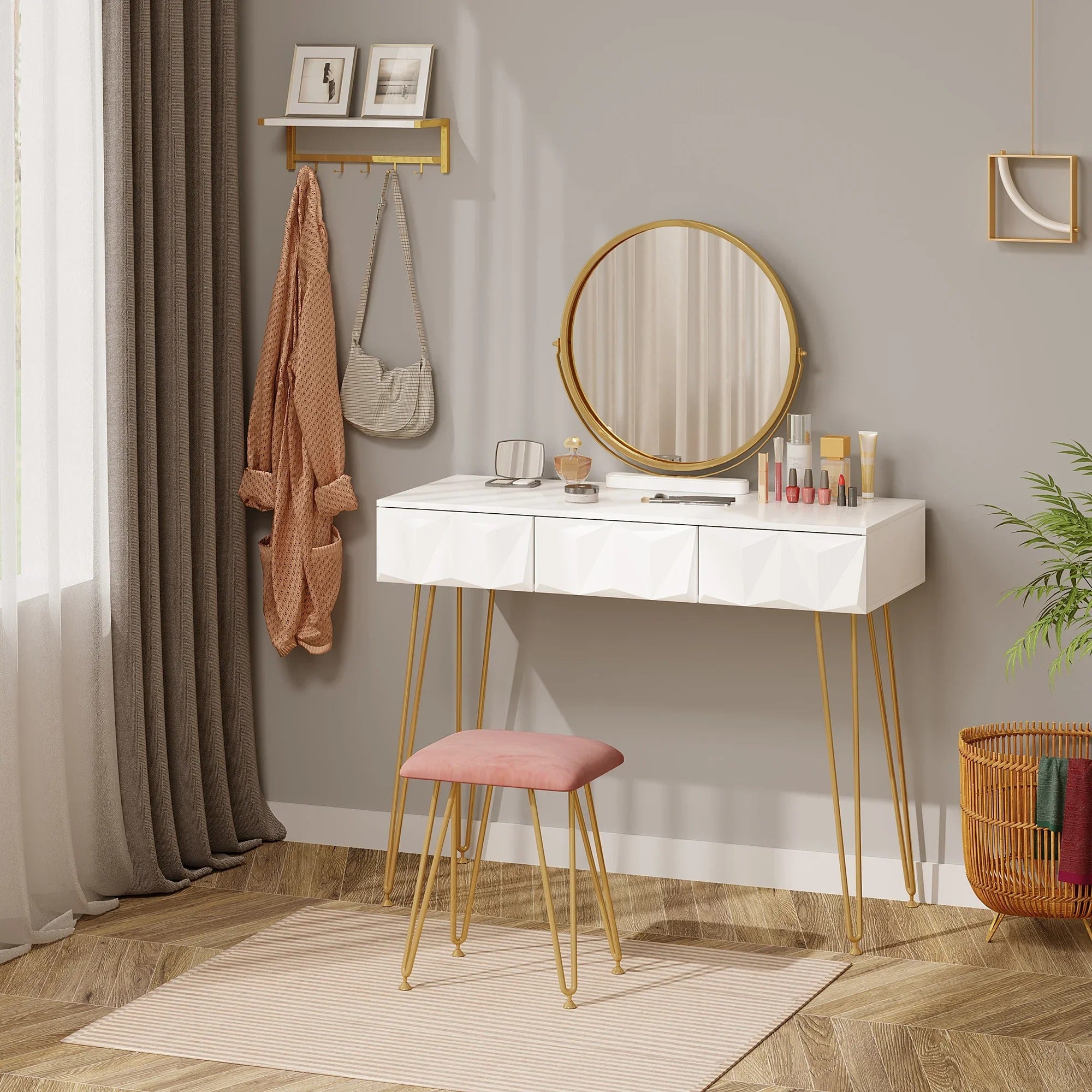 Coiffeuse miroir rond et tabouret