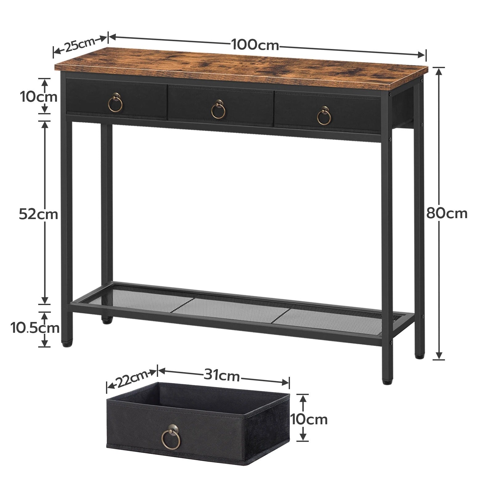Console étroite avec tiroirs et étagère