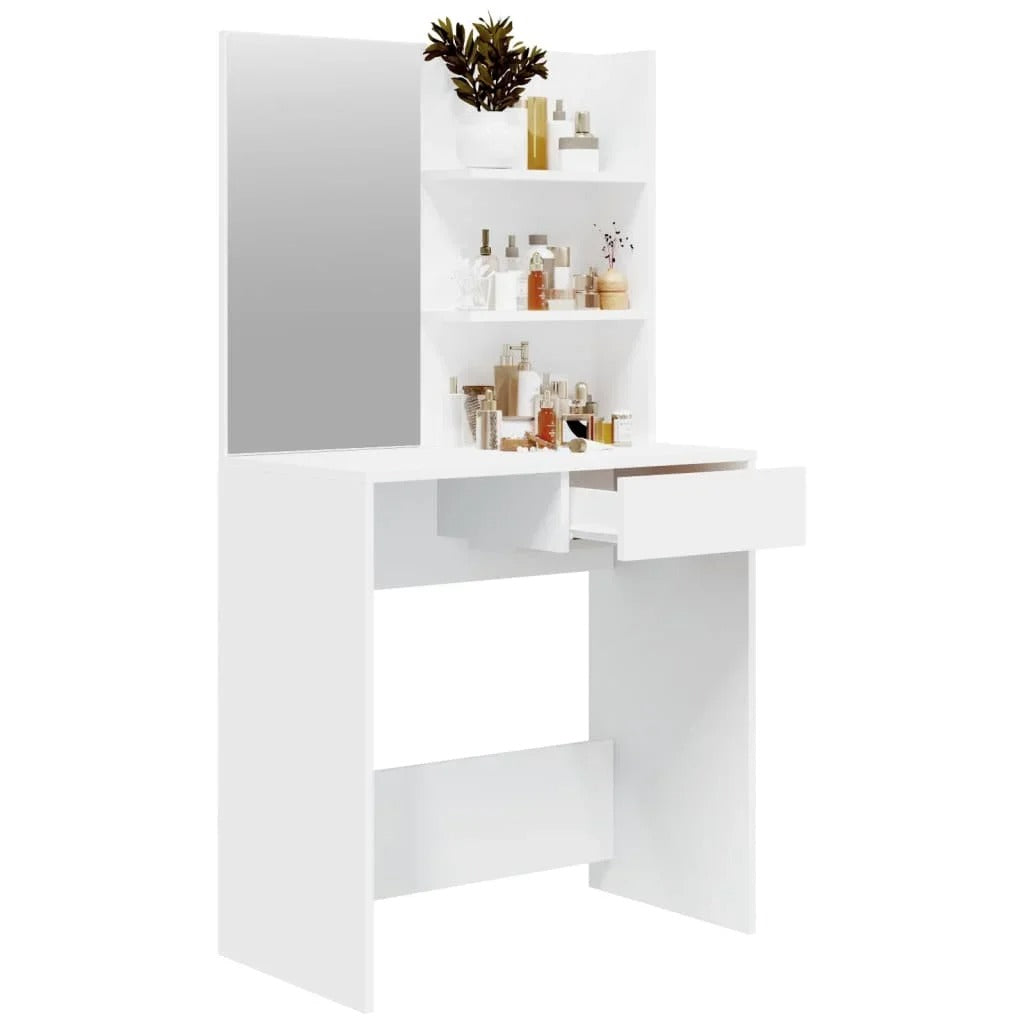 Coiffeuse blanche avec miroir et étagères