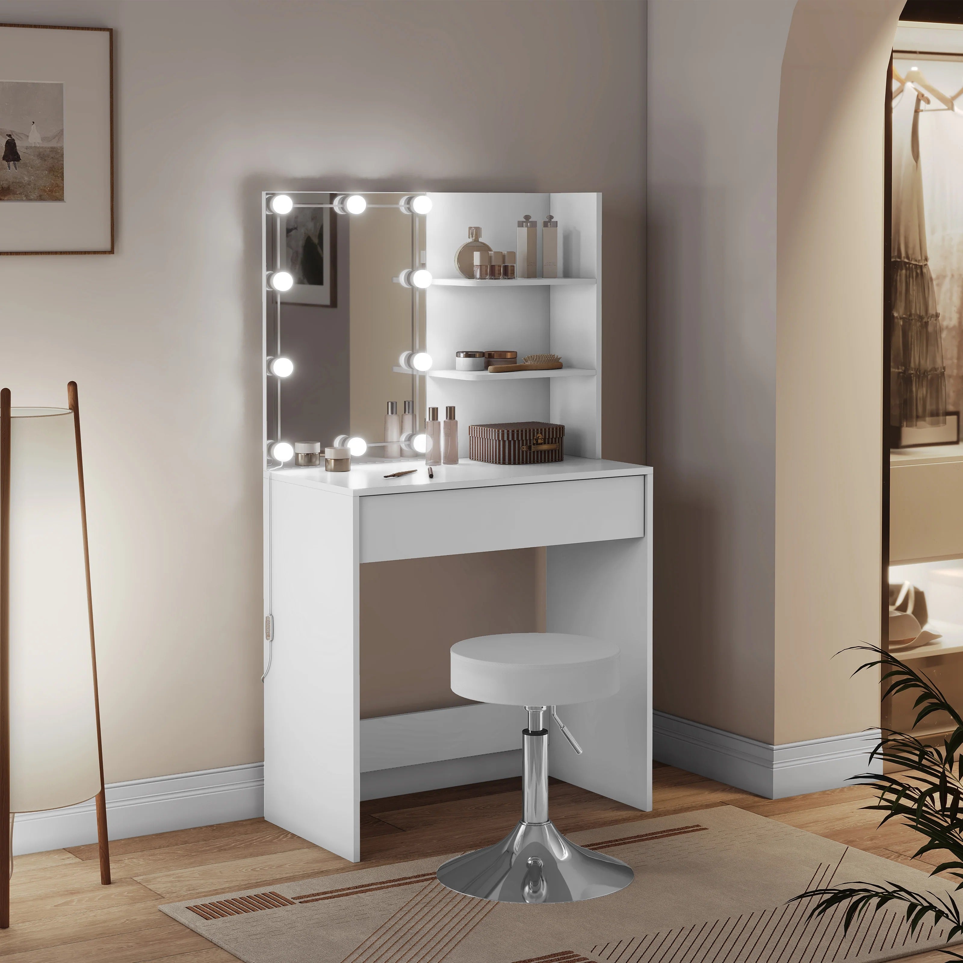 Coiffeuse blanche LED avec tabouret