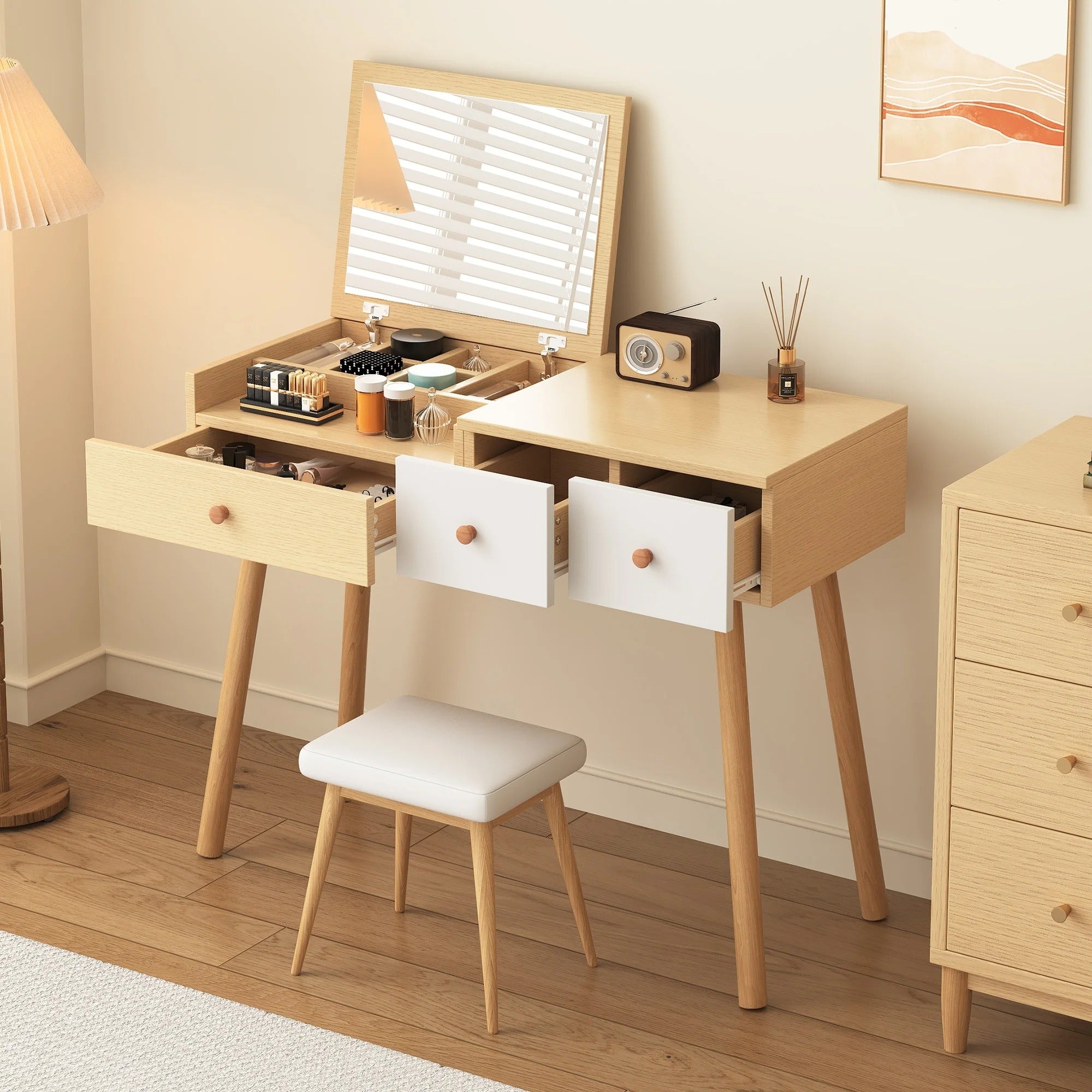 Coiffeuse bois clair avec miroir intégré