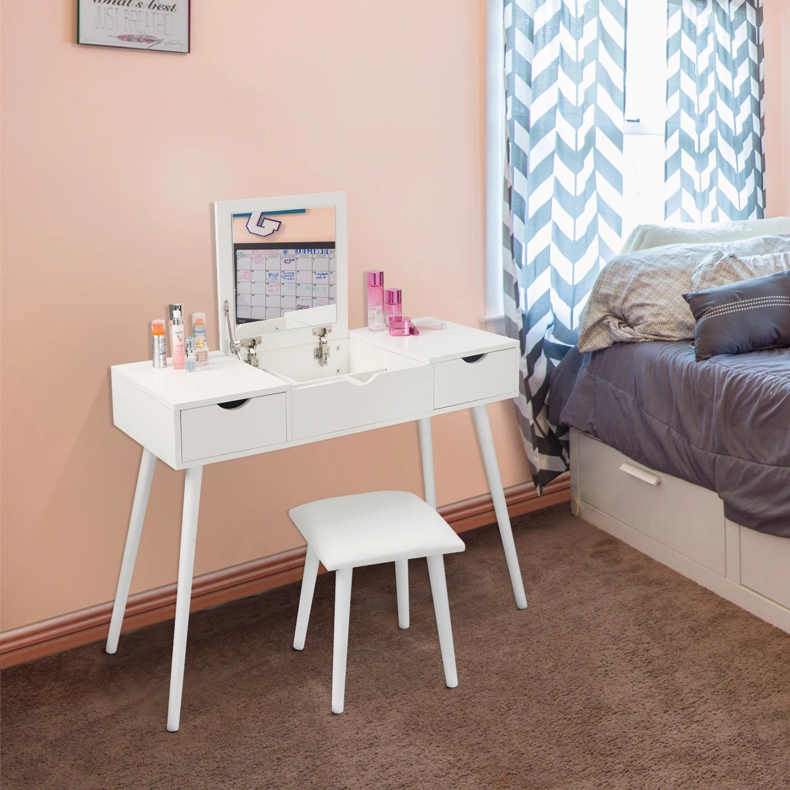 Coiffeuse blanche avec miroir rabattable