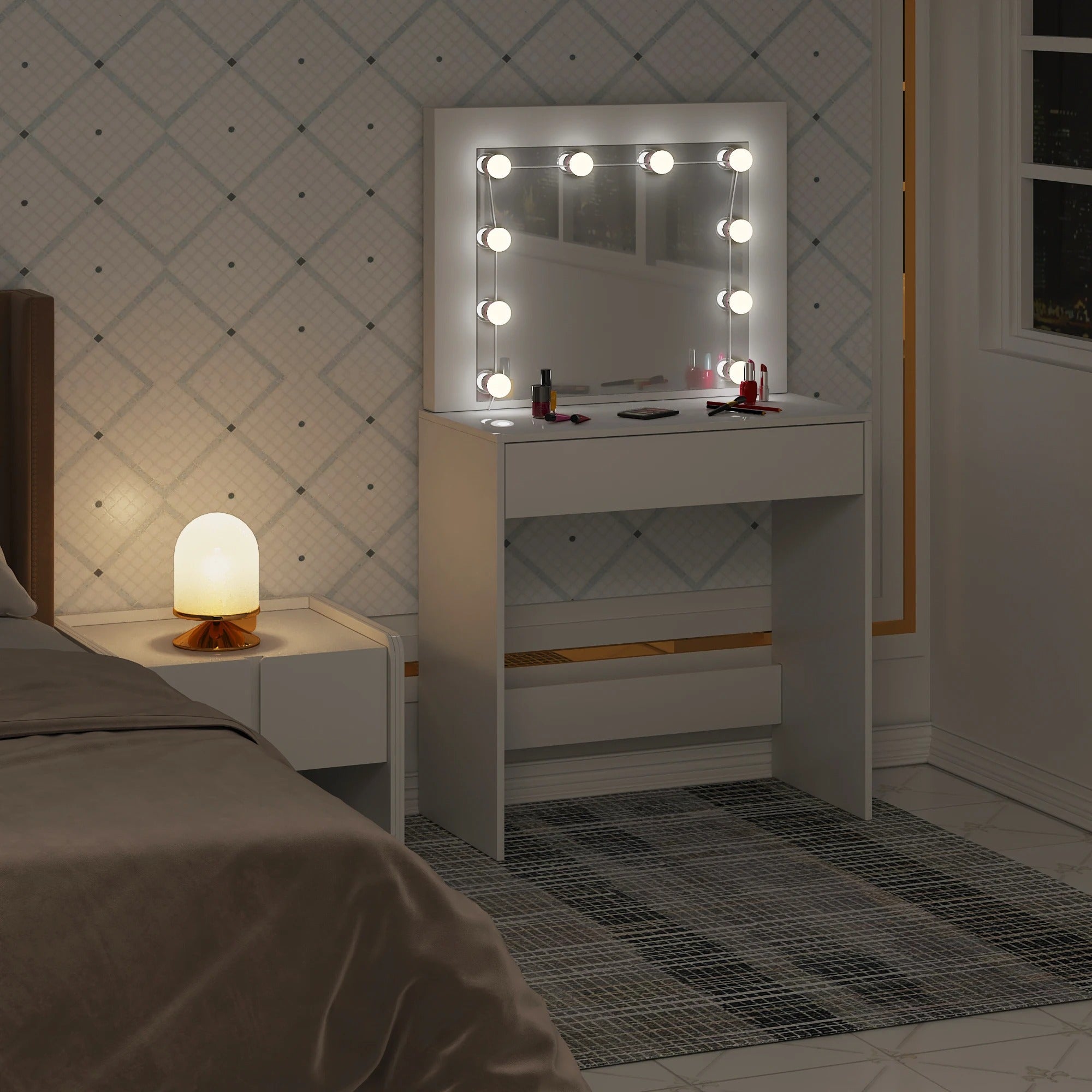 Coiffeuse blanche avec miroir LED intégré et tiroir