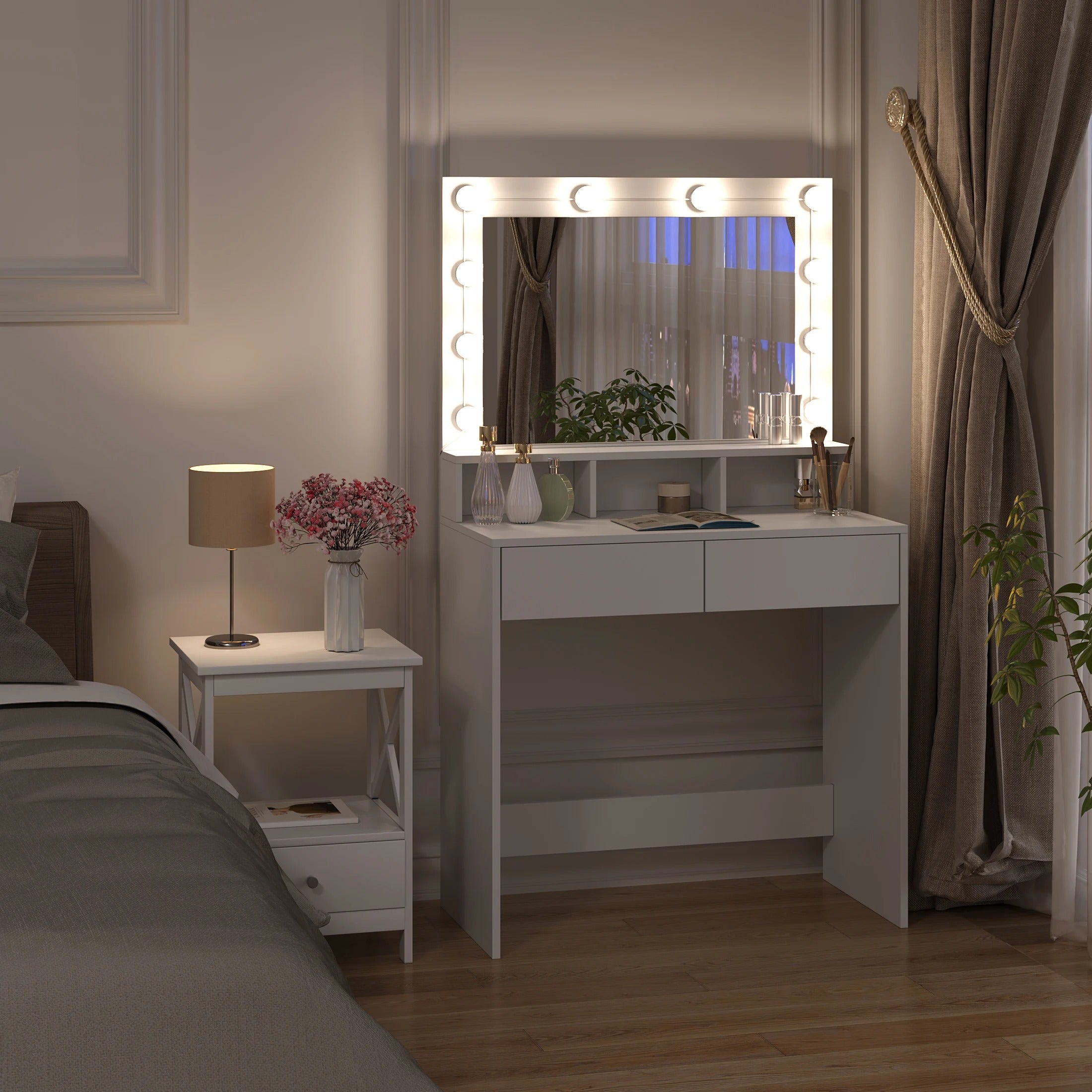 Coiffeuse blanche LED avec double tiroir