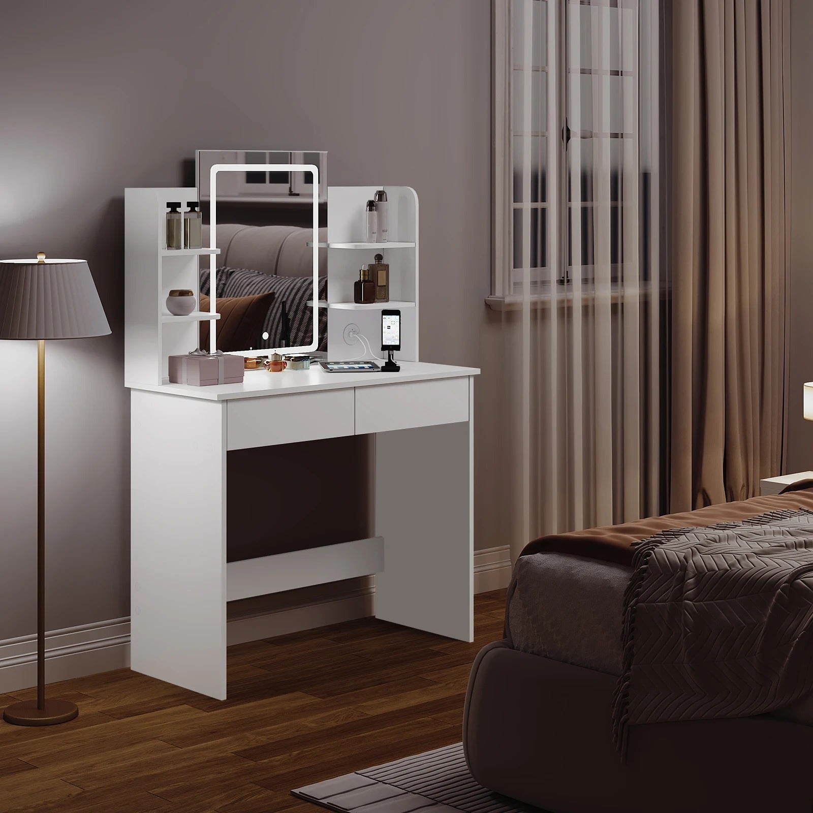 Coiffeuse blanche avec miroir LED USB