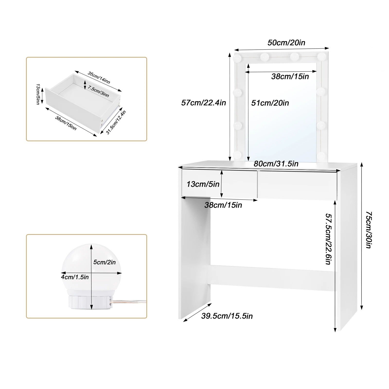 Coiffeuse blanche avec miroir LED