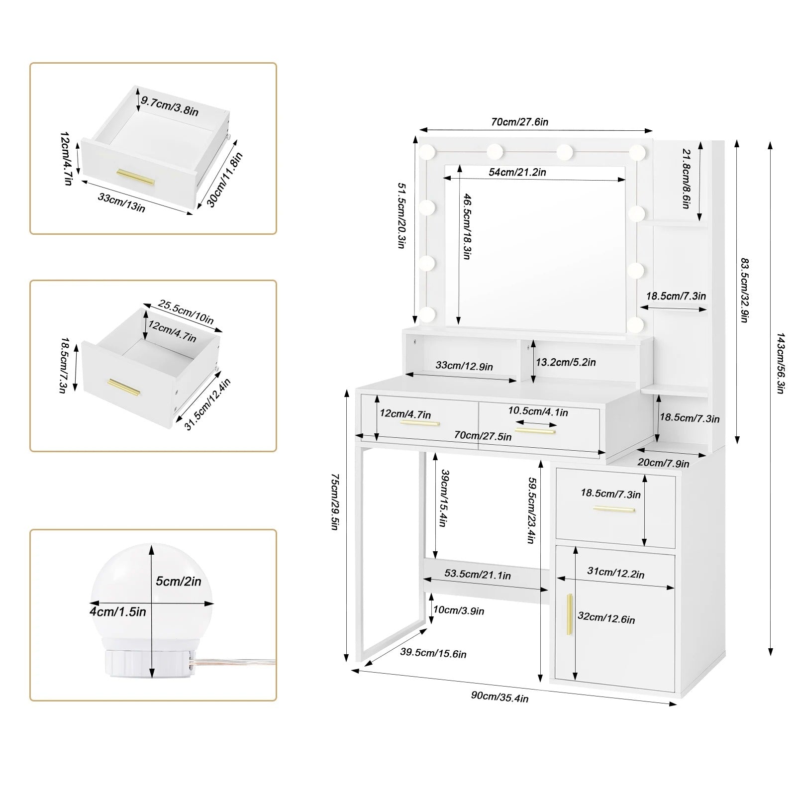 Coiffeuse miroir LED à rangements