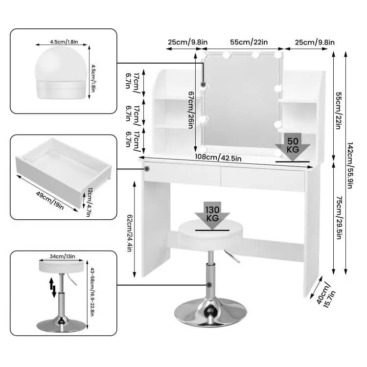 Coiffeuse miroir LED et étagères