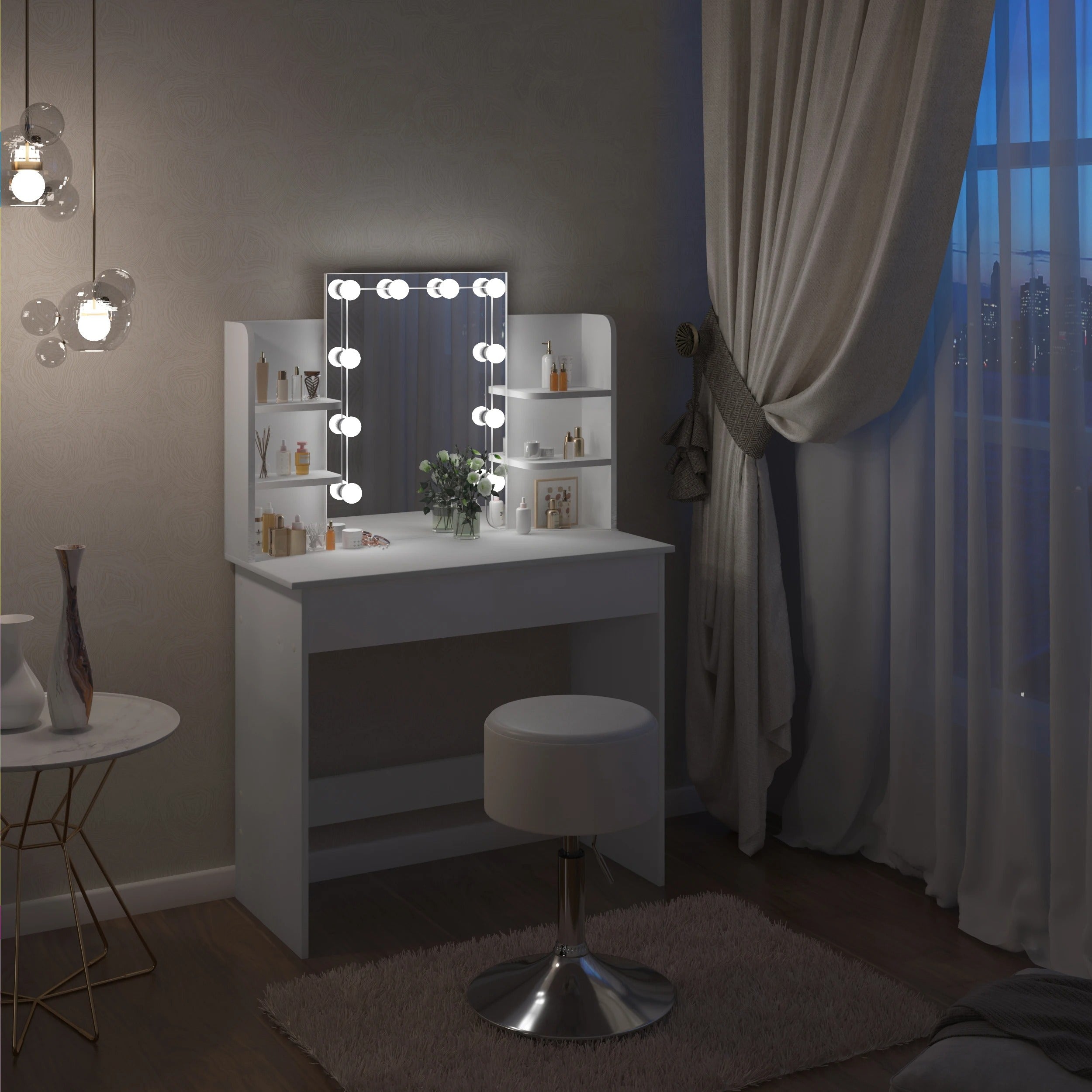 Coiffeuse miroir LED à étagères
