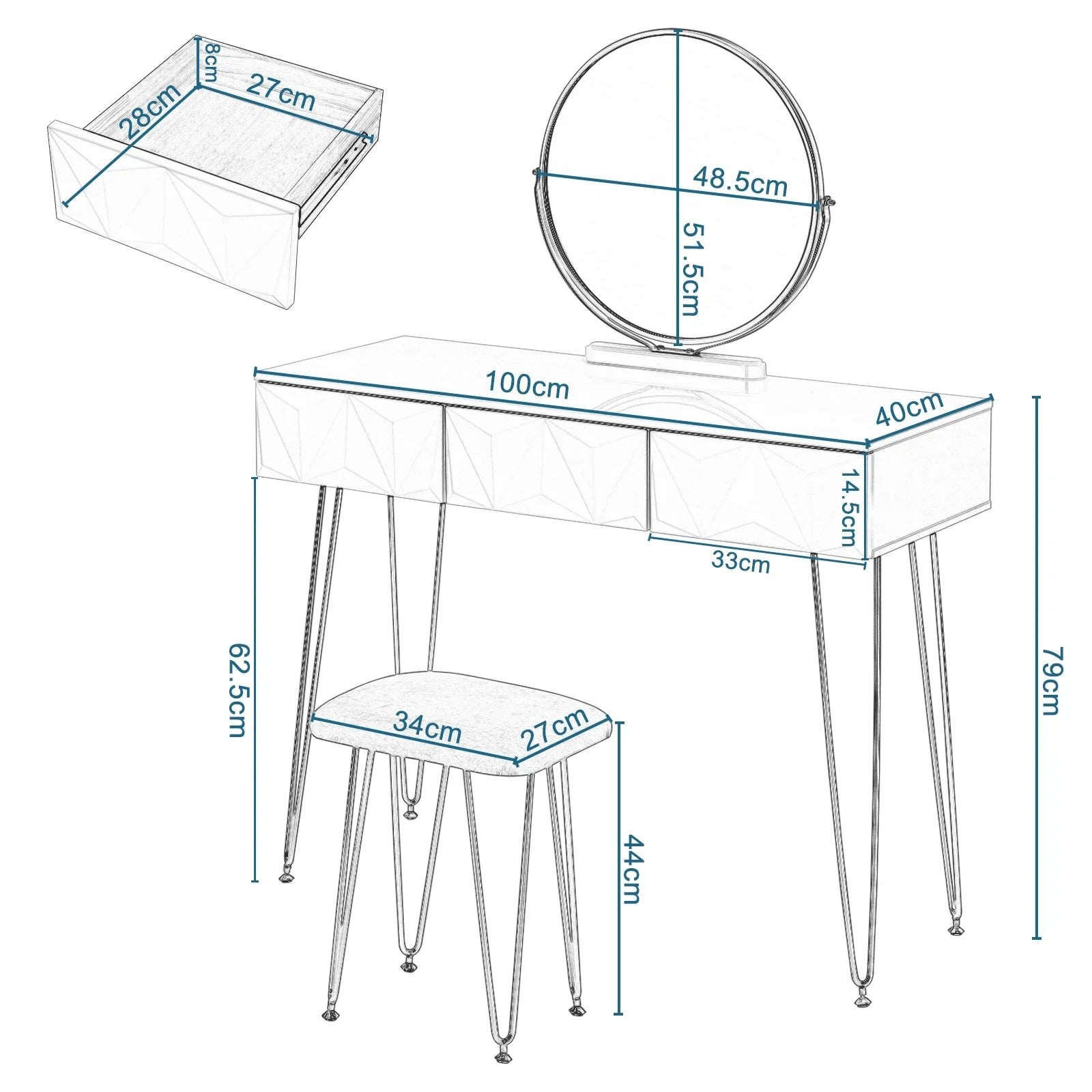 Coiffeuse miroir rond et tabouret