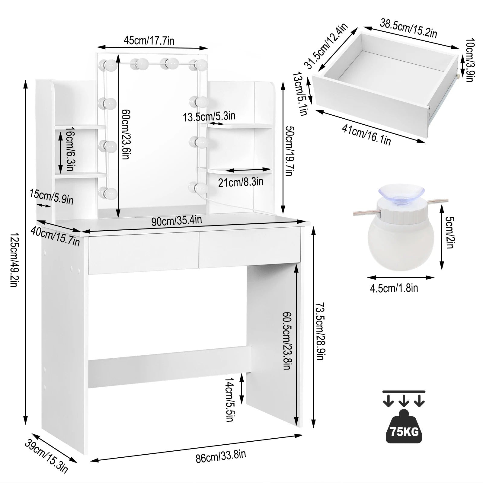 Coiffeuse miroir LED à étagères