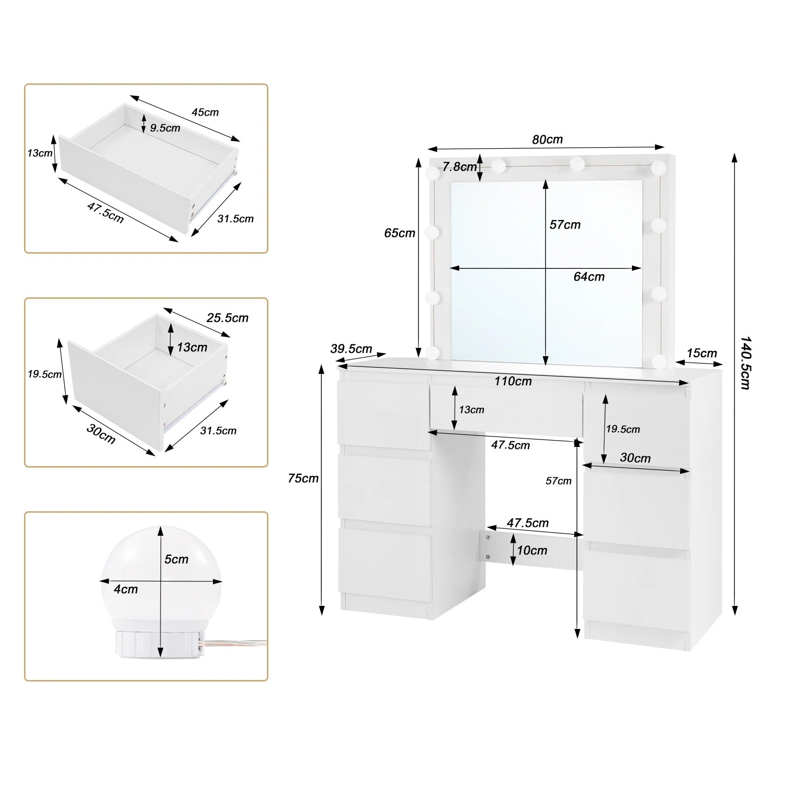 Coiffeuse grand miroir LED à tiroirs