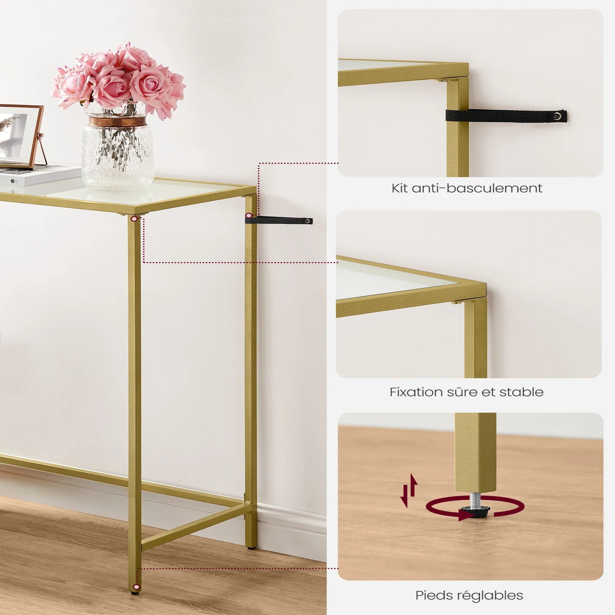 Console Dorée Verre Trempé Élégante