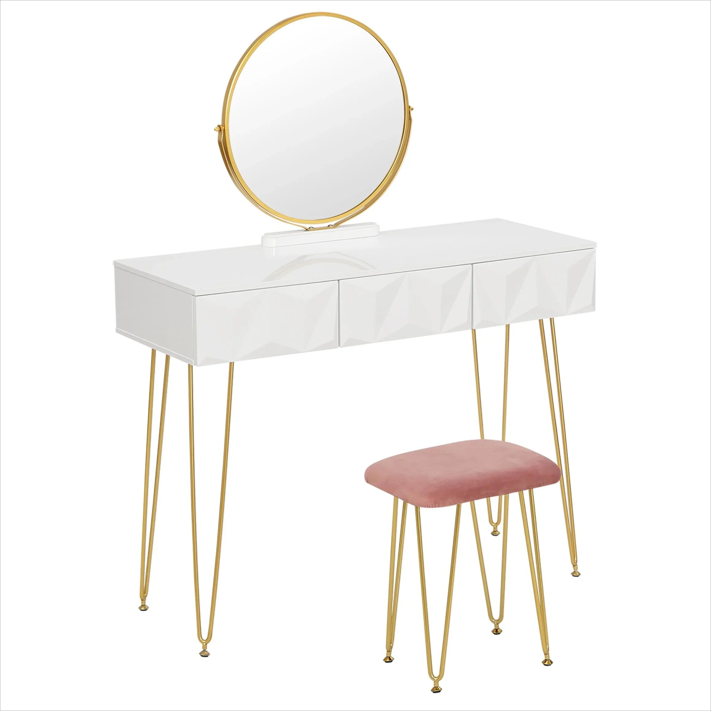 Coiffeuse miroir rond et tabouret