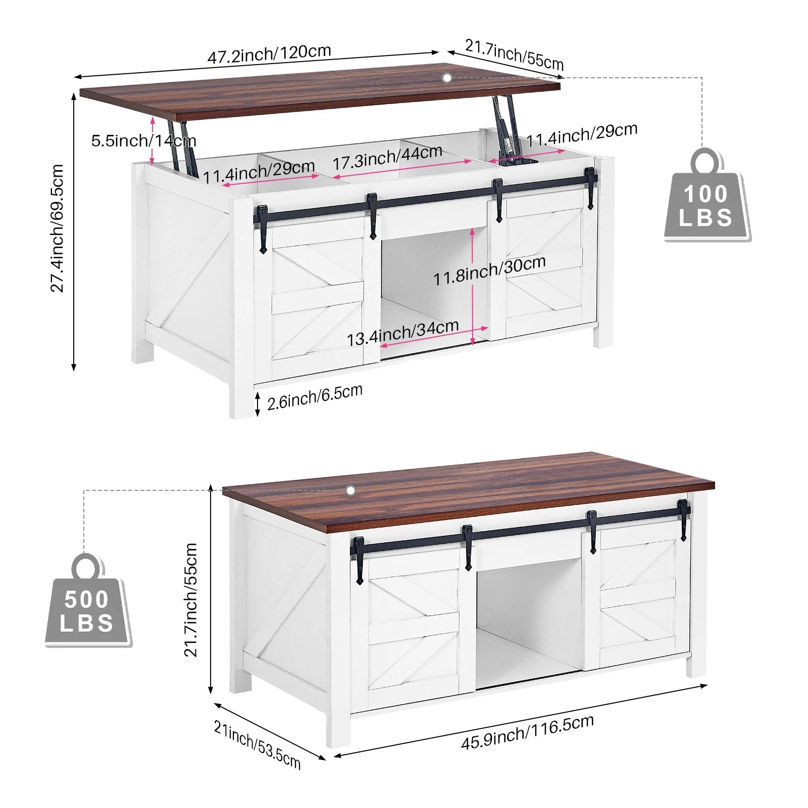 Table basse avec plateau relevable et portes coulissantes