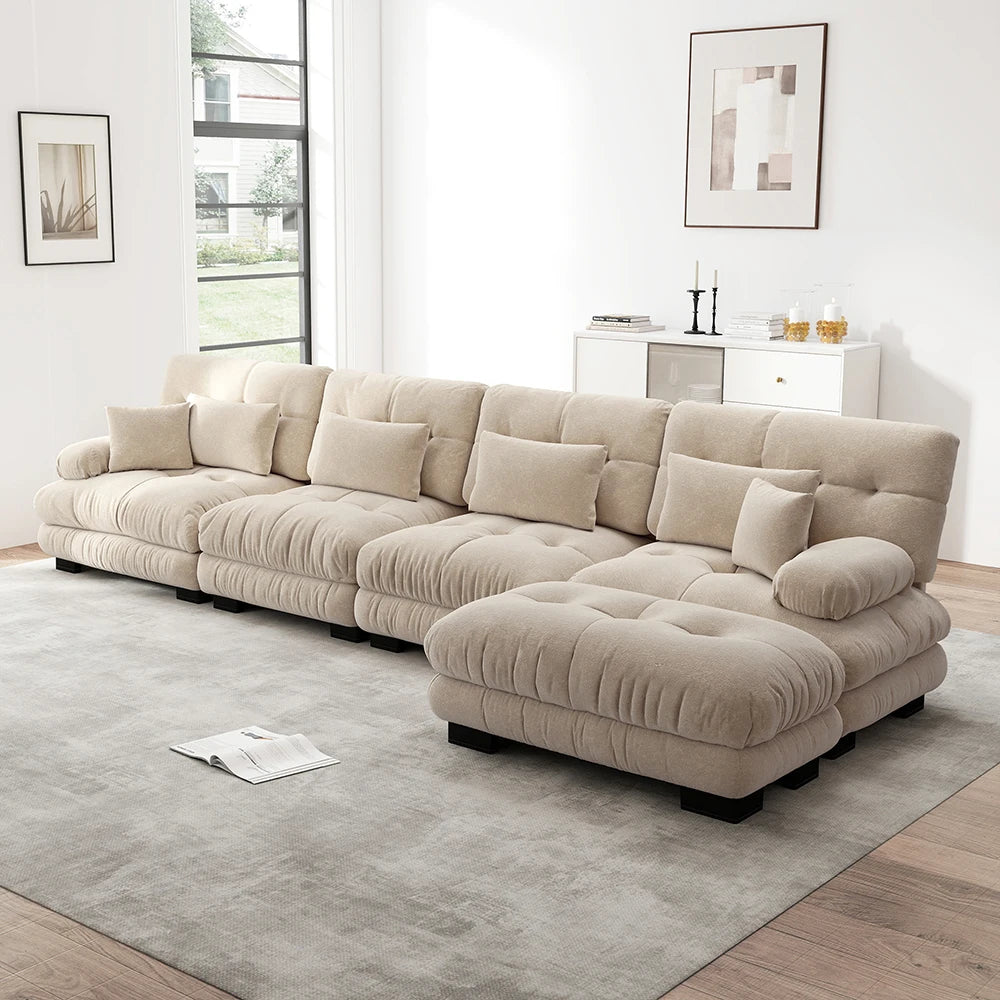 Canapé d’angle modulable 4 places en chenille avec pouf