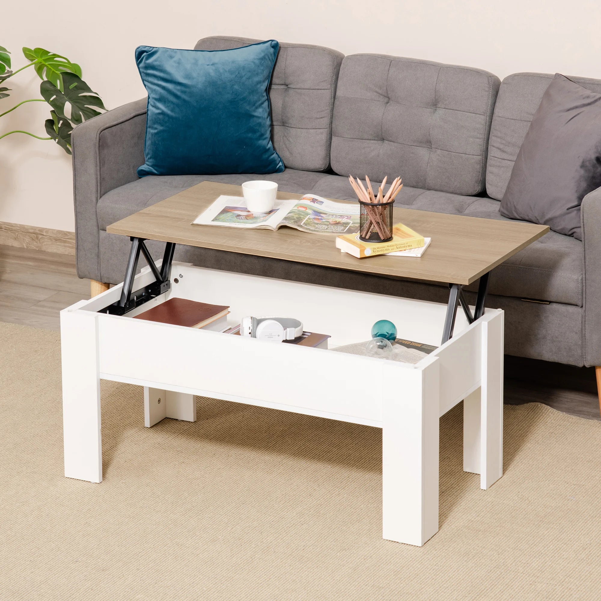 Table basse relevable bois et blanc