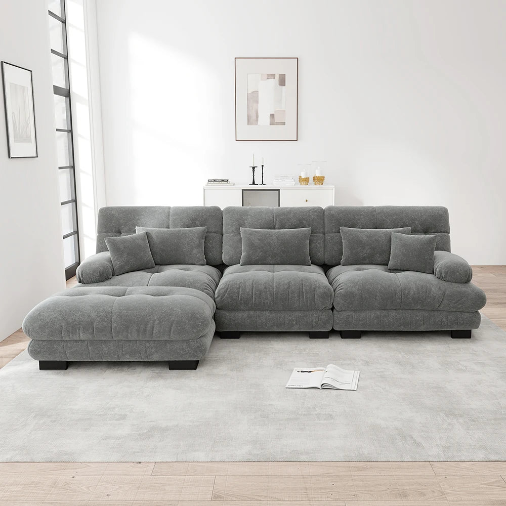 Canapé d’angle modulable en chenille avec pouf