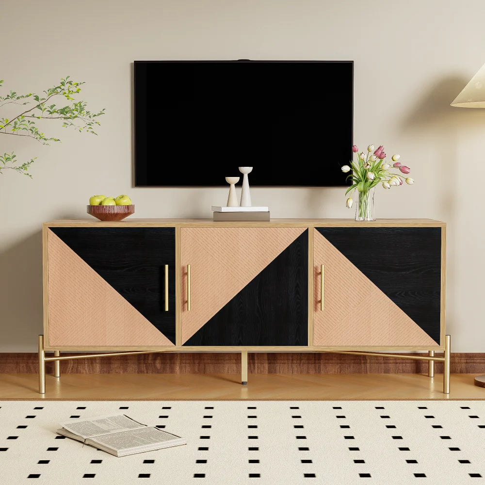Meuble TV bois foncé et noir avec rangements à portes battantes