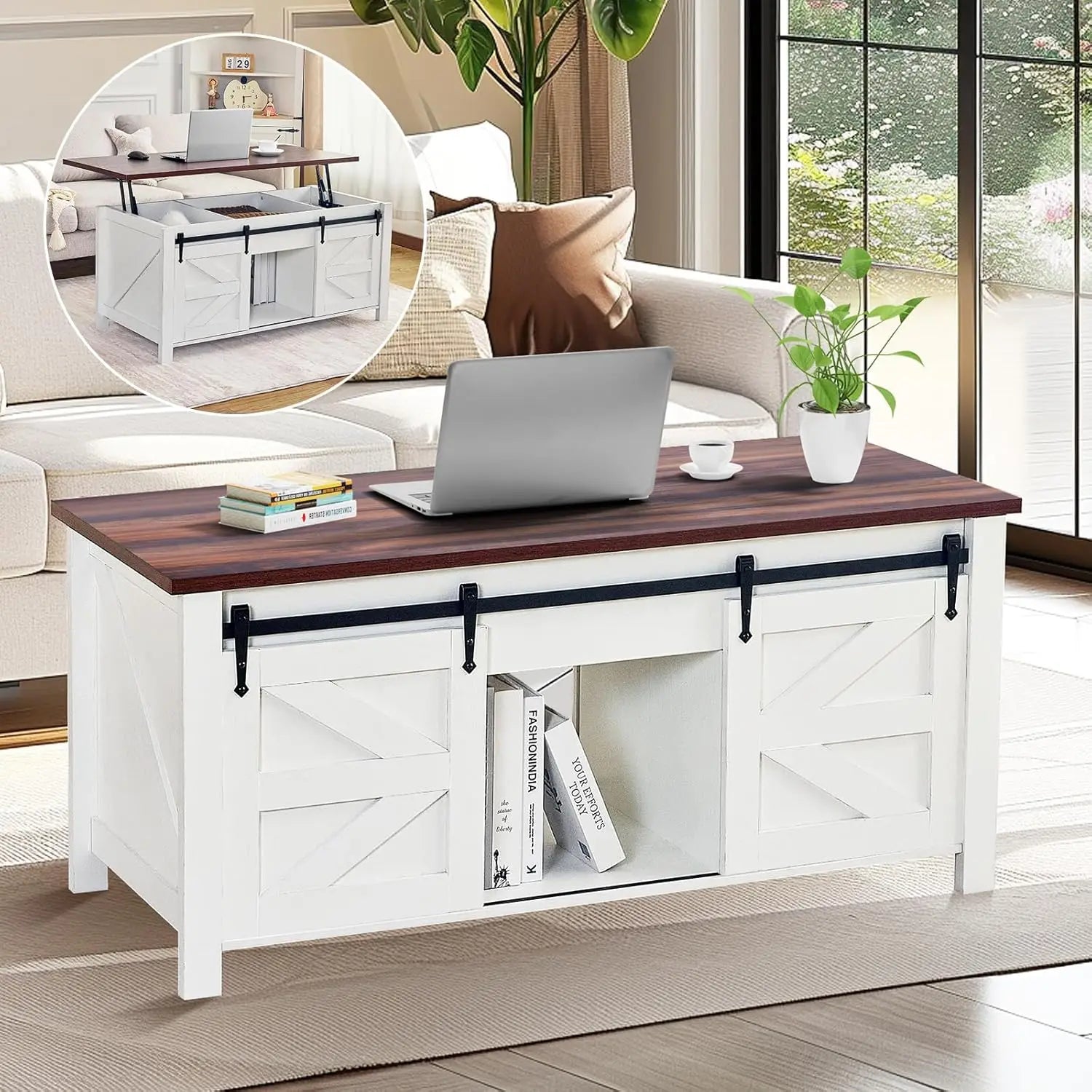 Table basse avec plateau relevable et portes coulissantes