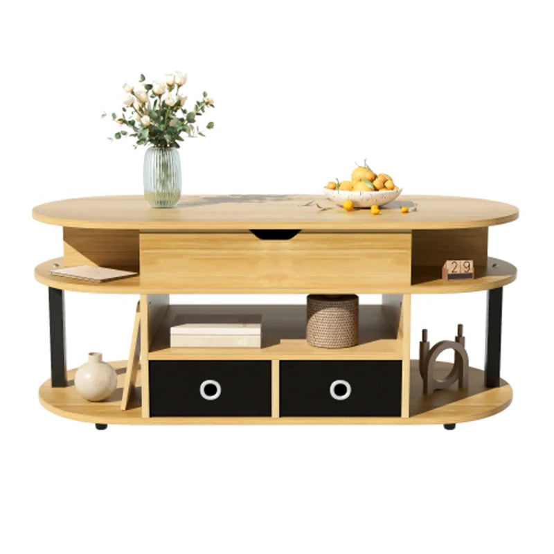 Table basse en bois avec plateau relevable et tiroirs tissu