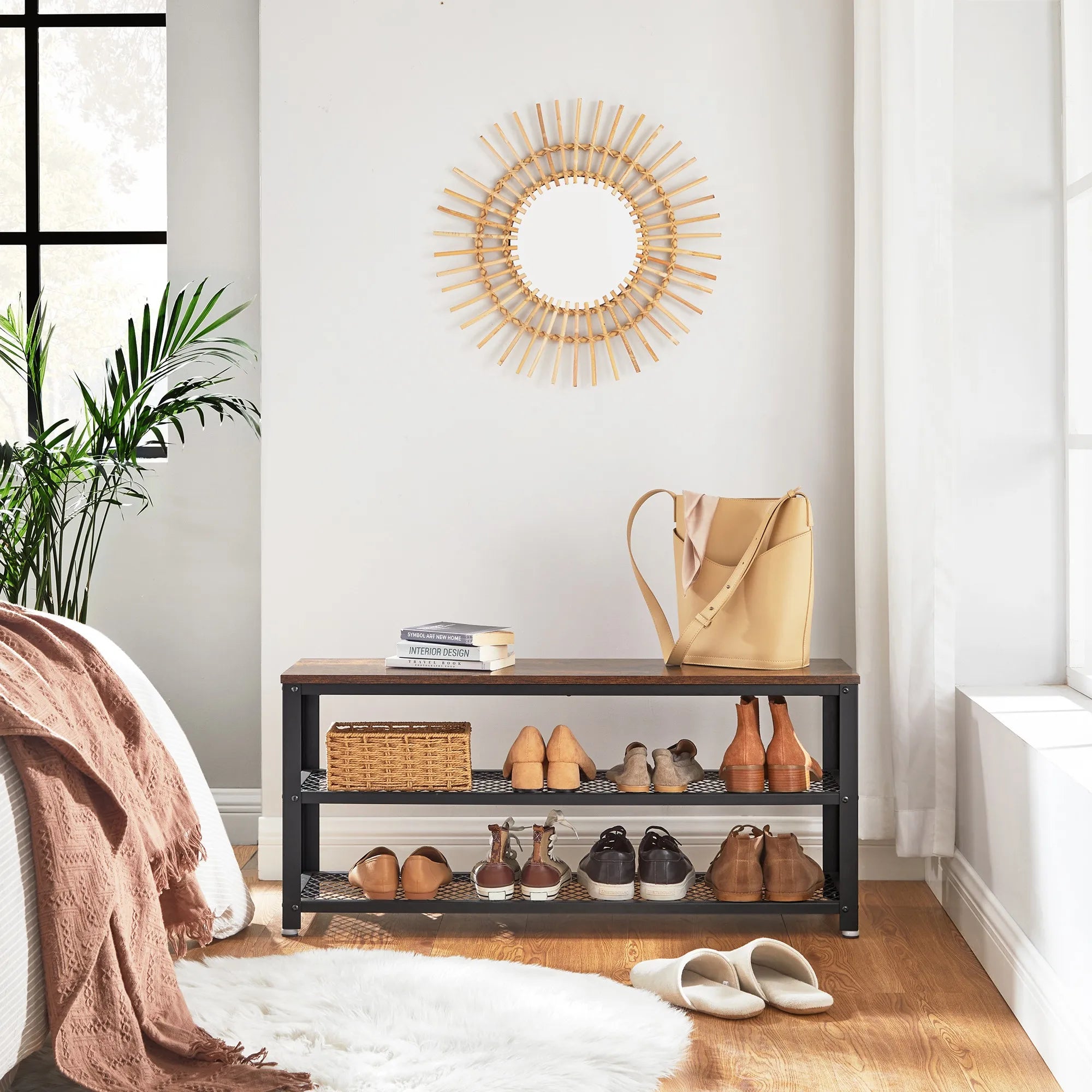 Banc à chaussures en bois et métal industriel